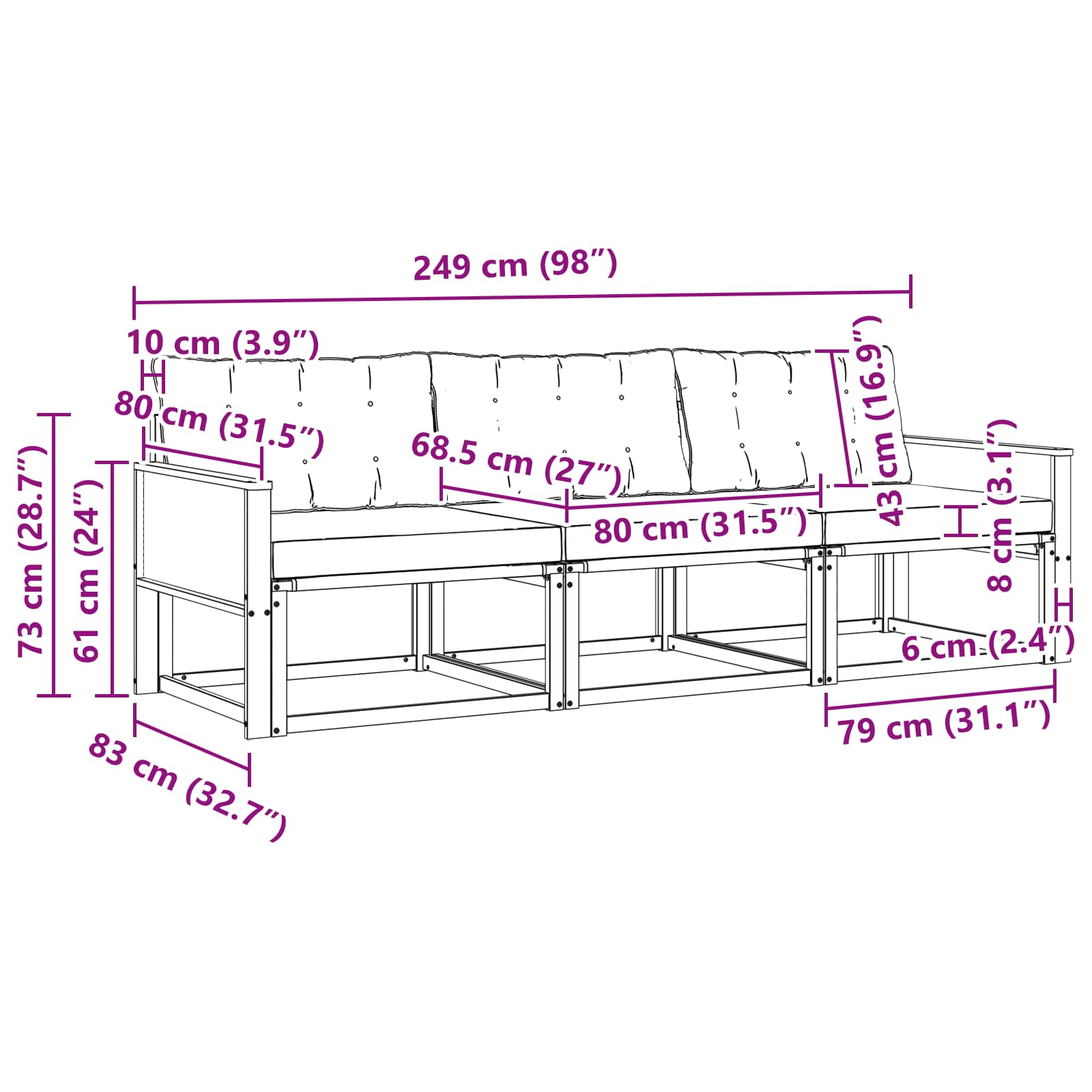 Outdoor-Sofagarnitur mit Kissen 3 pcs Natur und Creme