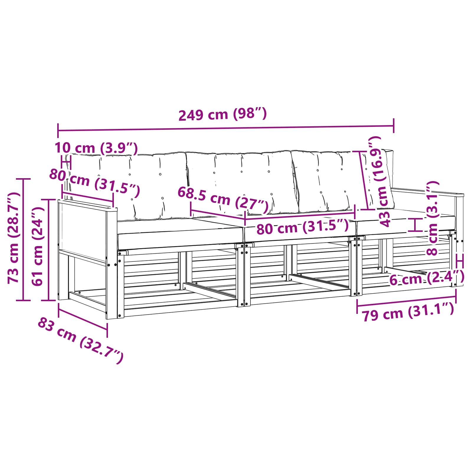 Outdoor-Sofagarnitur mit Kissen 3 pcs Natürlich und Schwarz