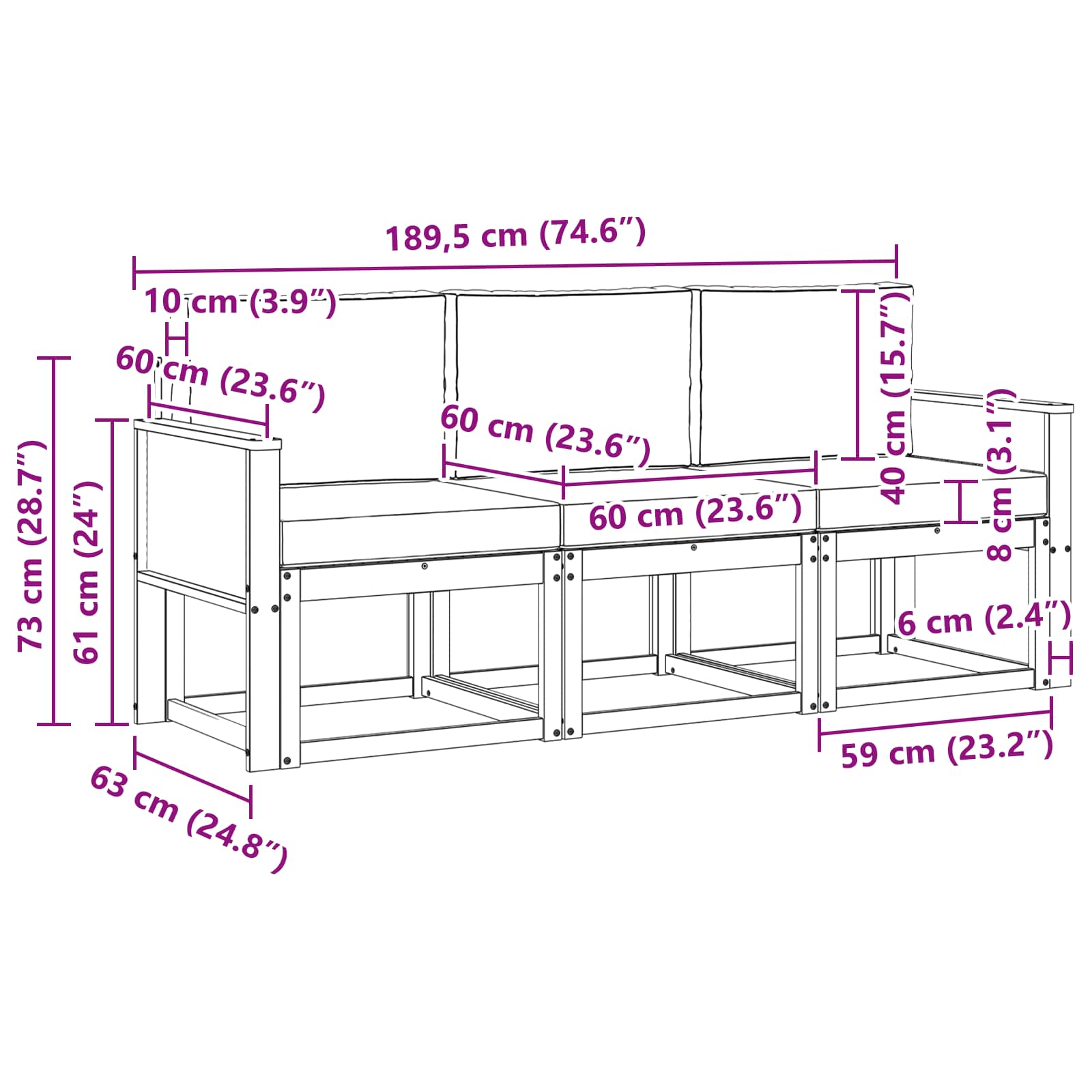 Outdoor-Sofagarnitur mit Kissen 3 pcs Natur