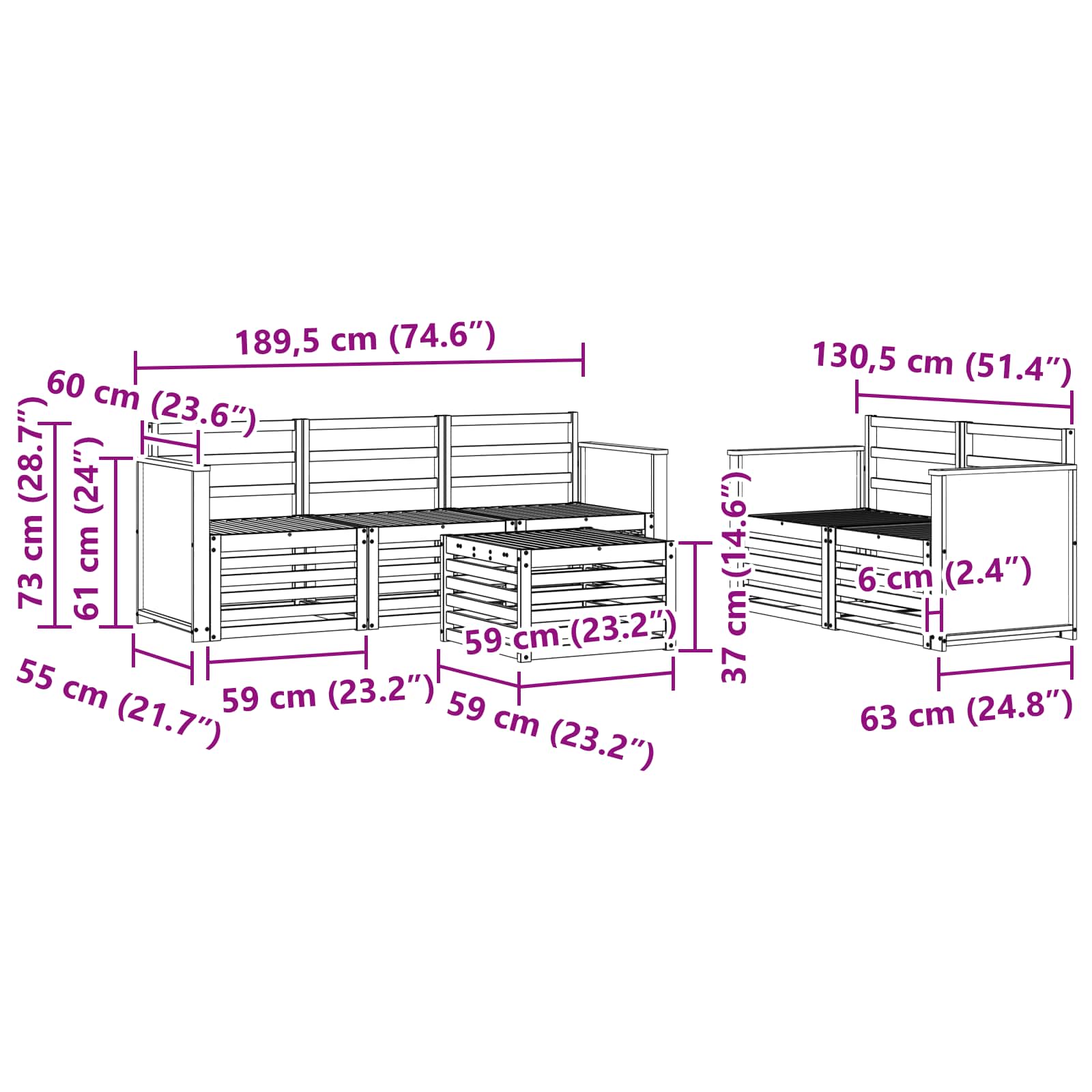 Sofagarnituren 6 pcs Massivholz Akazie