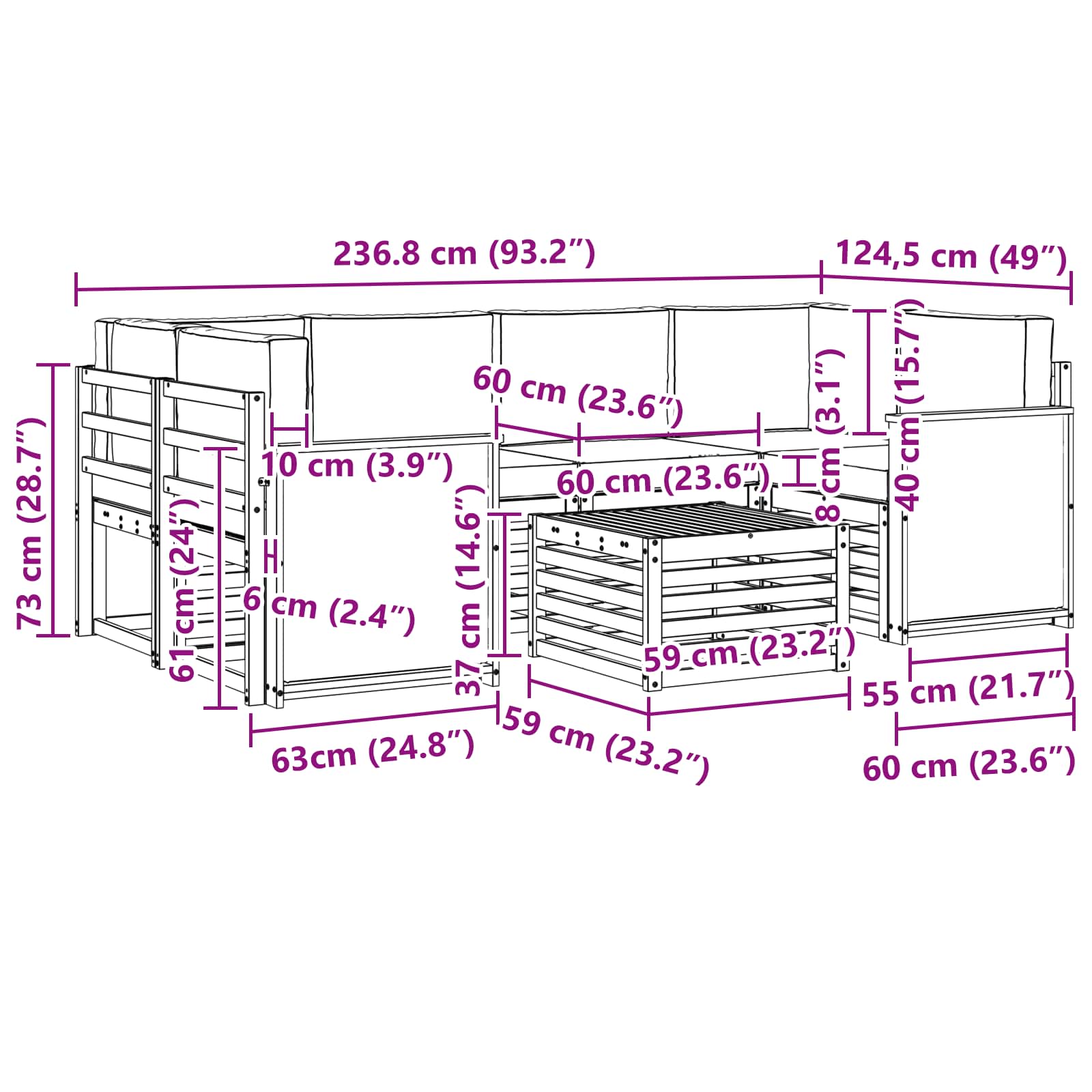 Outdoor-Sofagarnitur mit Kissen 7 pcs Natürlich und Hellgrau