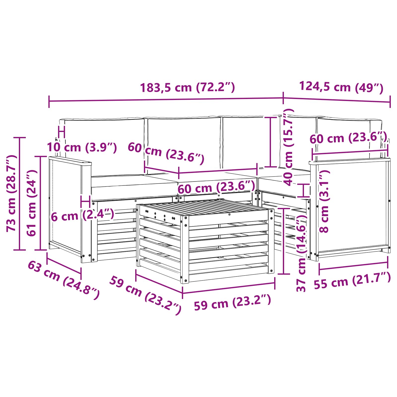 Outdoor-Sofagarnitur 5 pcs Natur und Creme 59 x 59 x 37 cm