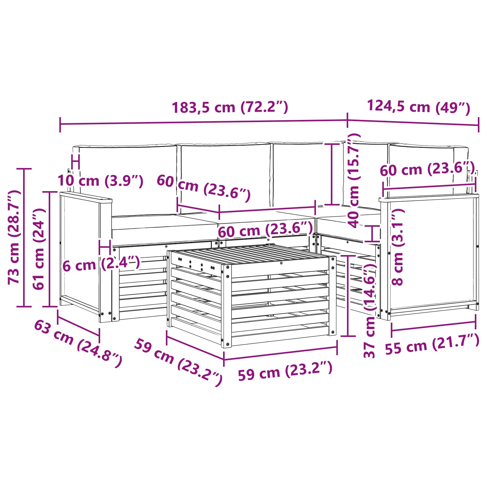 Outdoor-Sofagarnitur 5 pcs Natur und Anthrazit 59 x 59 x 37 cm