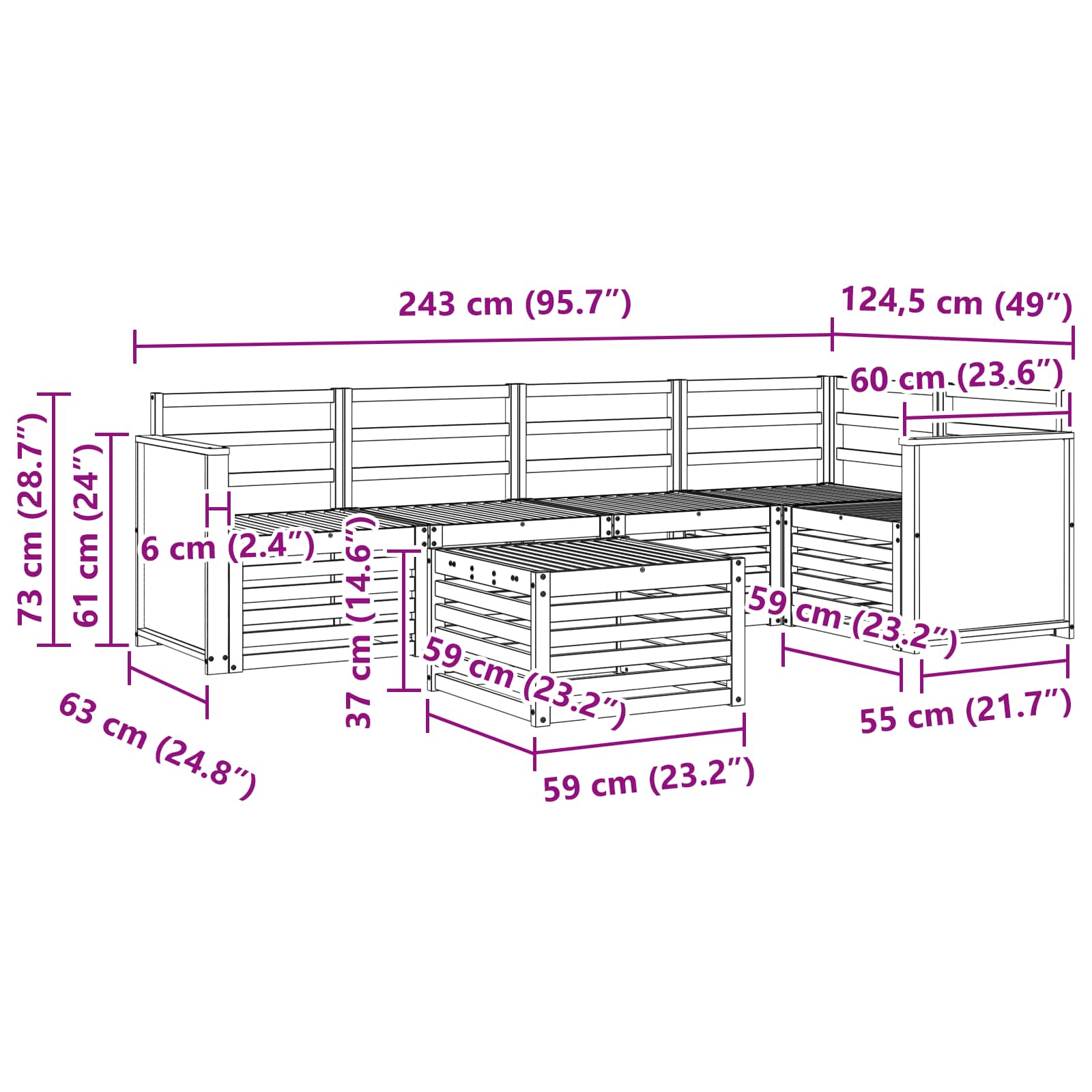Ecksofa Set 5 pcs Natur Massivholz Akazie