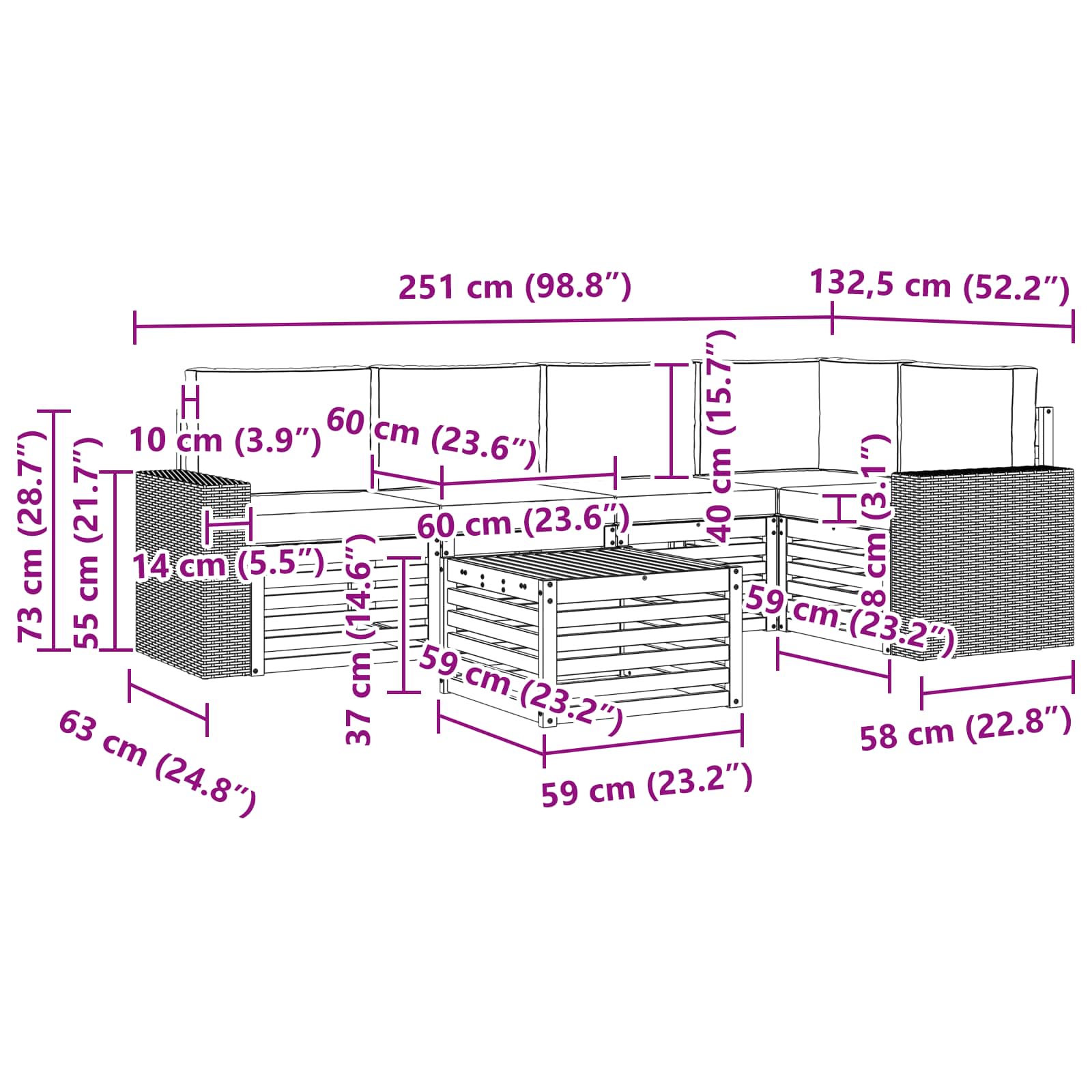 Ecksofa Set 6 pcs Natürlich und Hellgrau Massivholz Akazie