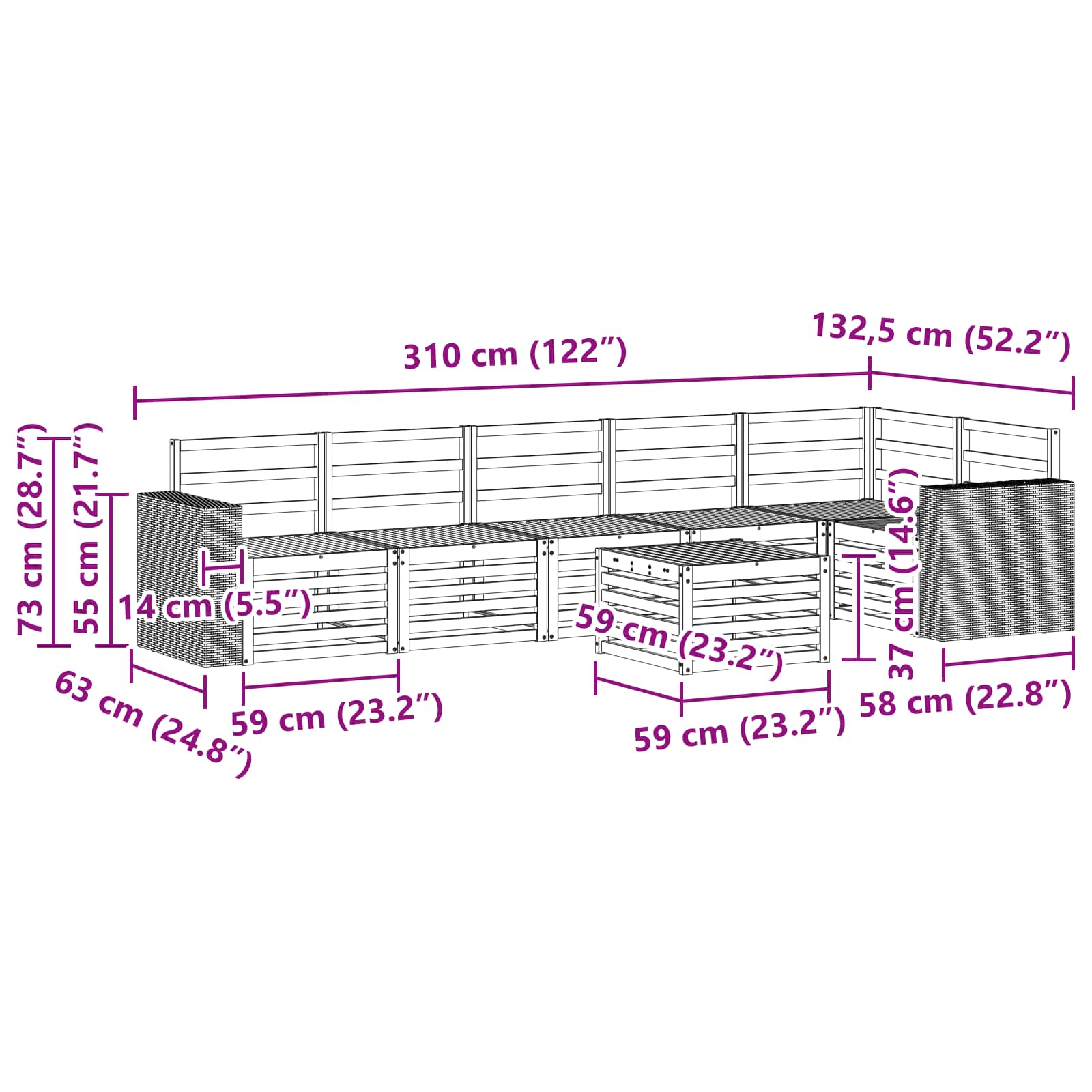 Ecksofa Set 7 pcs Natur Massivholz Akazie
