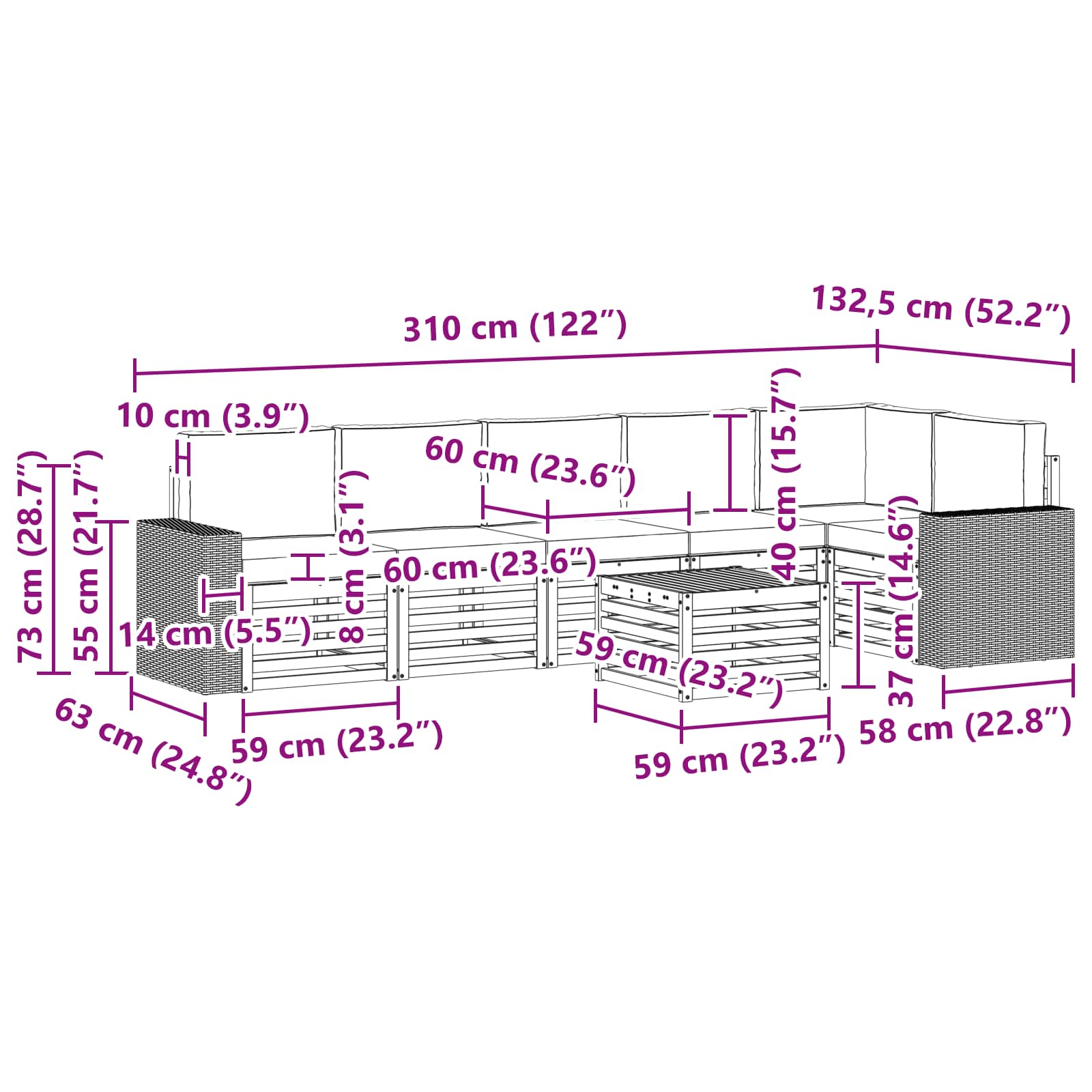 Ecksofa Set 7 pcs Natürlich und Hellgrau Massivholz Akazie