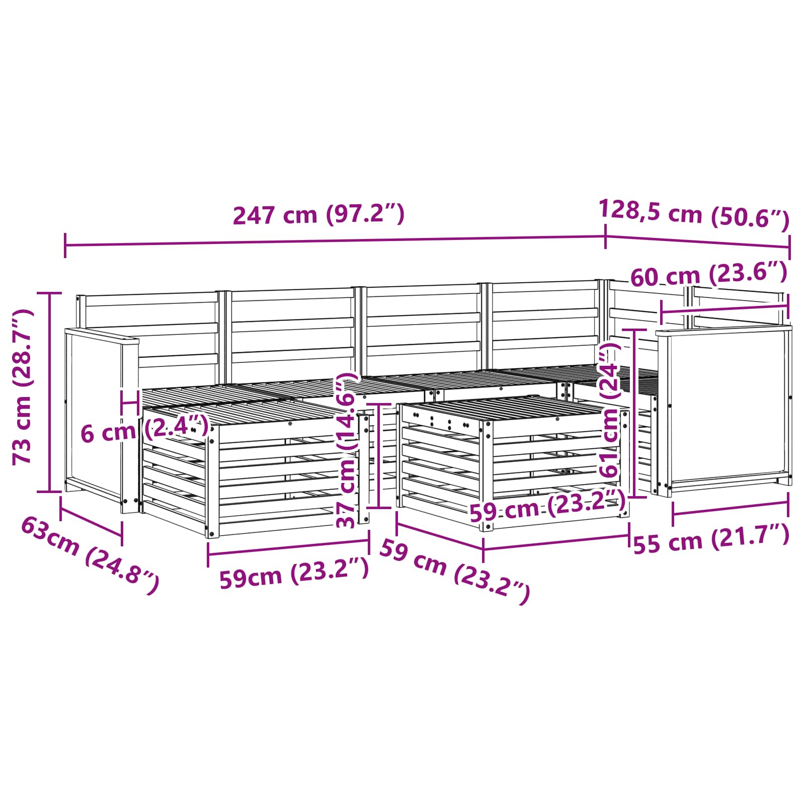 Ecksofa Set 6 pcs Natur Massivholz Akazie