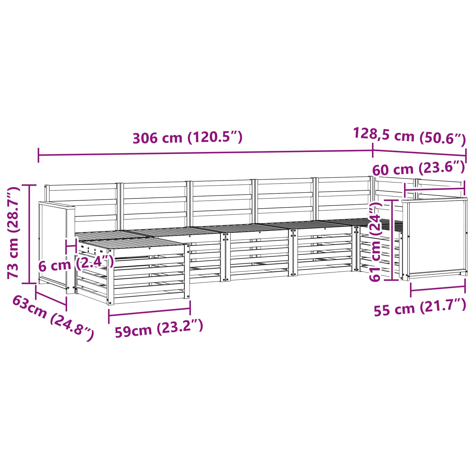 Ecksofa Set 6 pcs Natur Massivholz Akazie