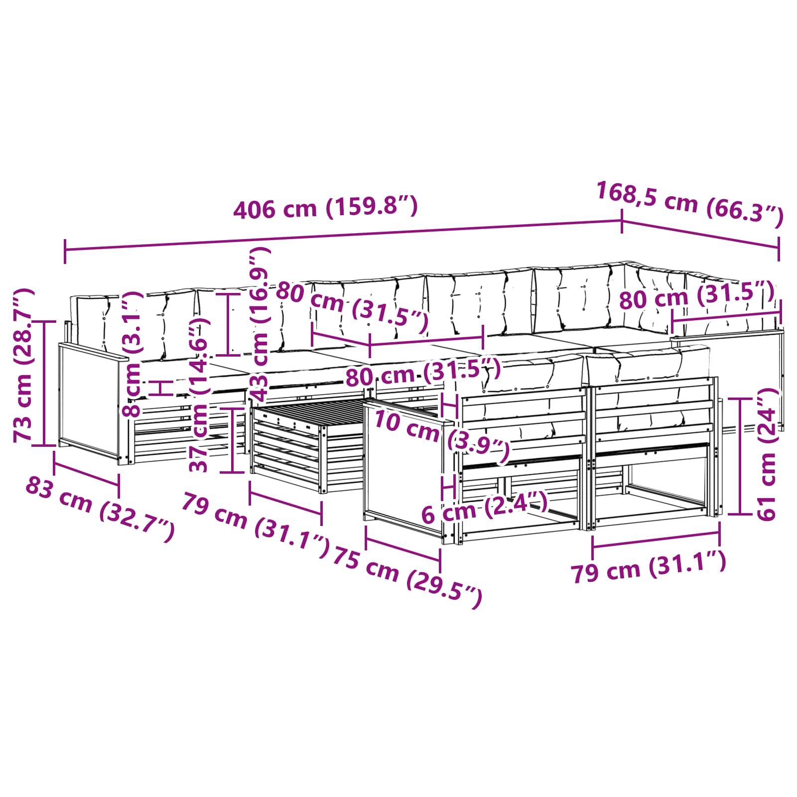 Outdoor-Sofagarnitur mit Kissen 9 pcs
