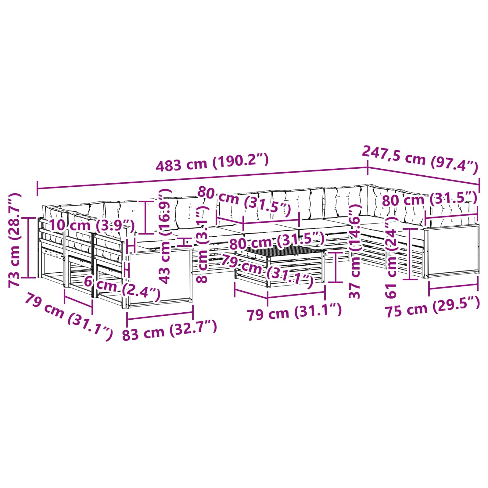 Sofagarnituren mit Kissen 11 pcs Massivholz Akazie