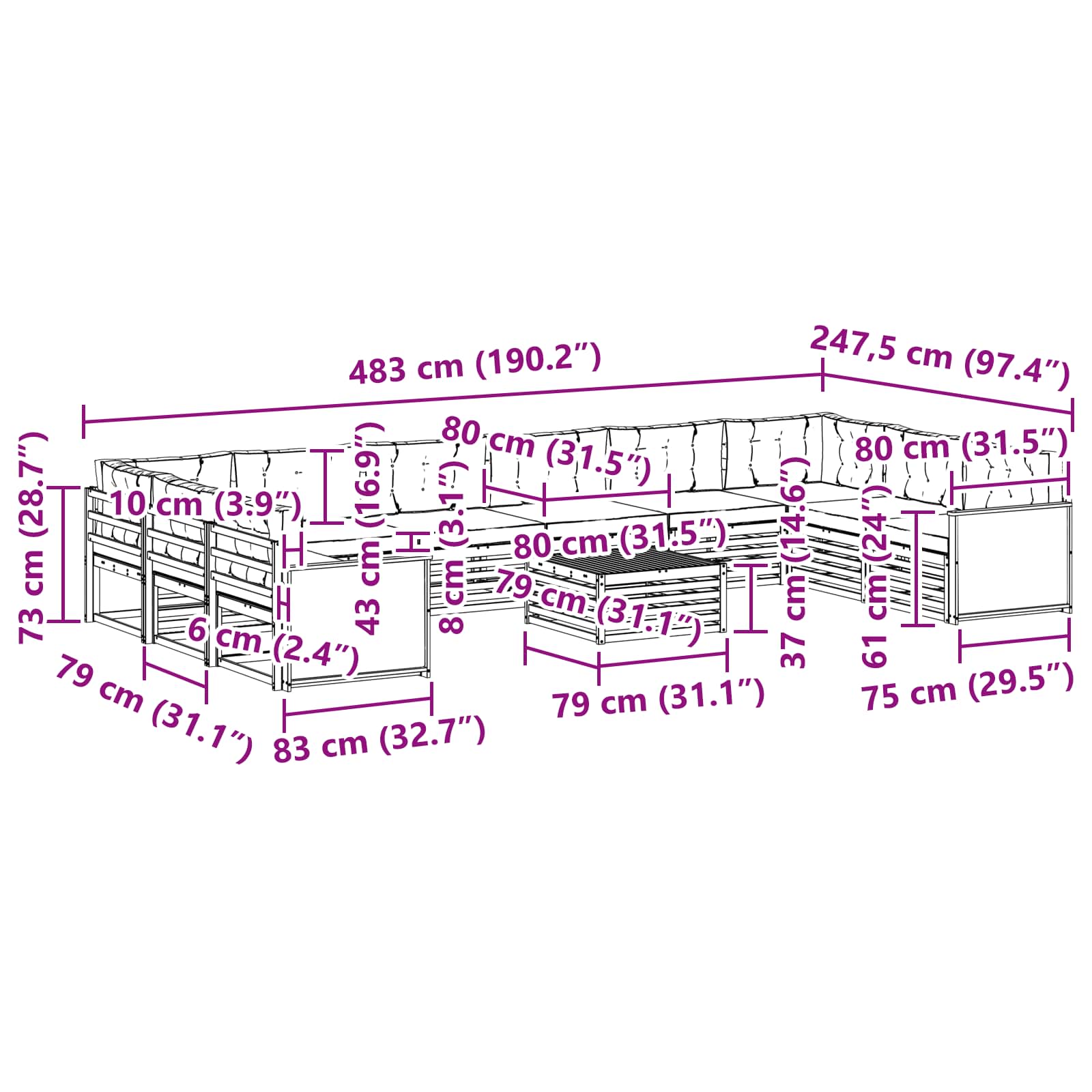 Sofagarnituren mit Kissen 11 pcs Massivholz Akazie