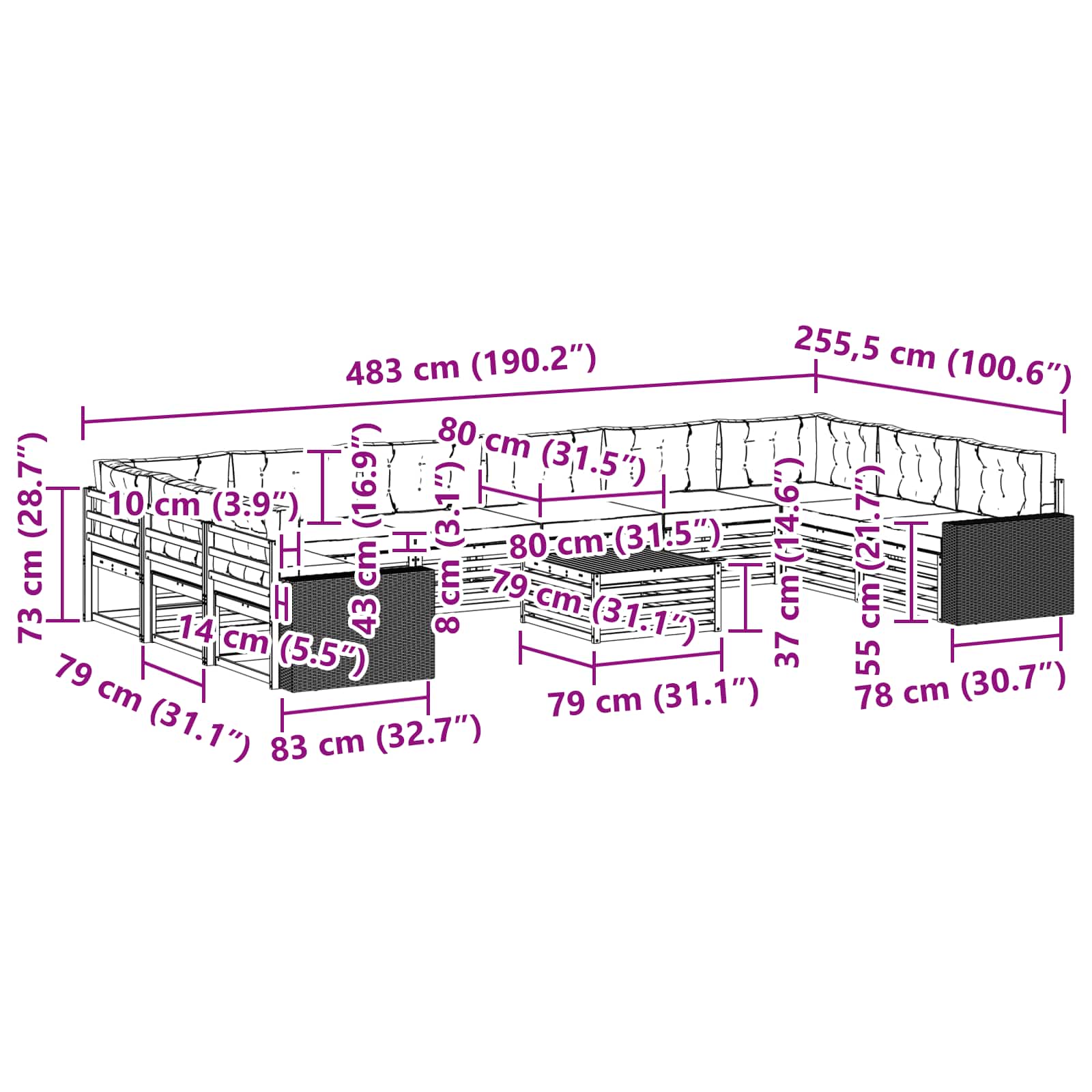 Sofagarnituren mit Kissen 11 pcs Massivholz Akazie