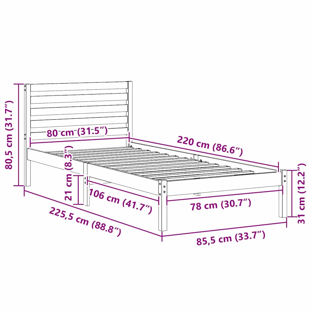 Bettrahmen Wachsbraun 80 x 220 cm Massives Kiefernholz