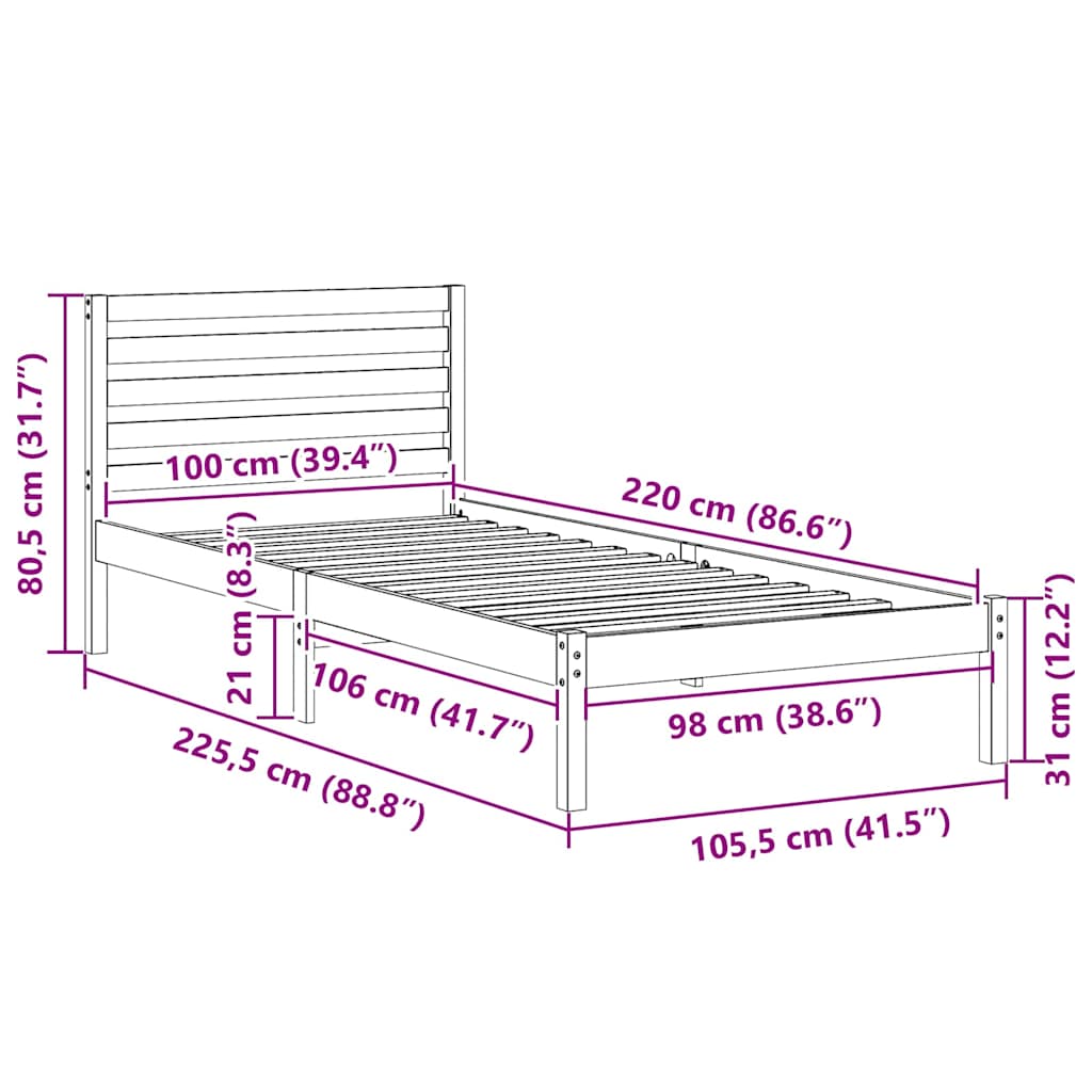 Bettrahmen Wachsbraun 100 x 220 cm Massives Kiefernholz