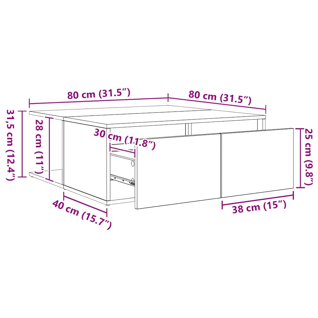 Couchtisch mit Schubladen Altholz 80 x 80 x 31 cm Holzwerkstoff