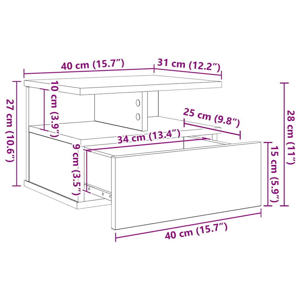 Schwebender Nachttisch Altholz 40 x 31 x 28 cm Holzwerkstoff
