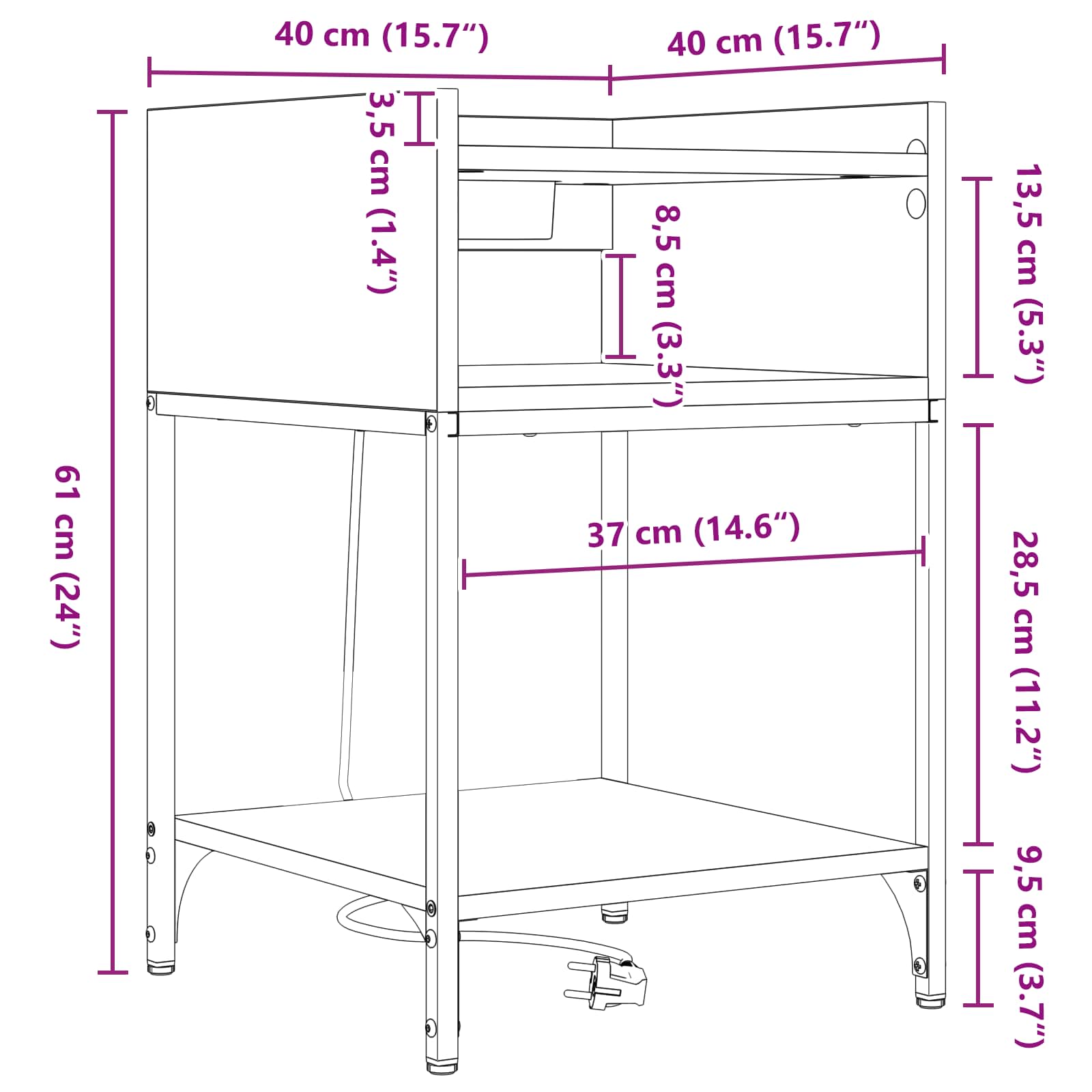 Nachttisch mit Regal Sonoma-Eiche 40 x 40 x 61 cm Holzwerkstoff