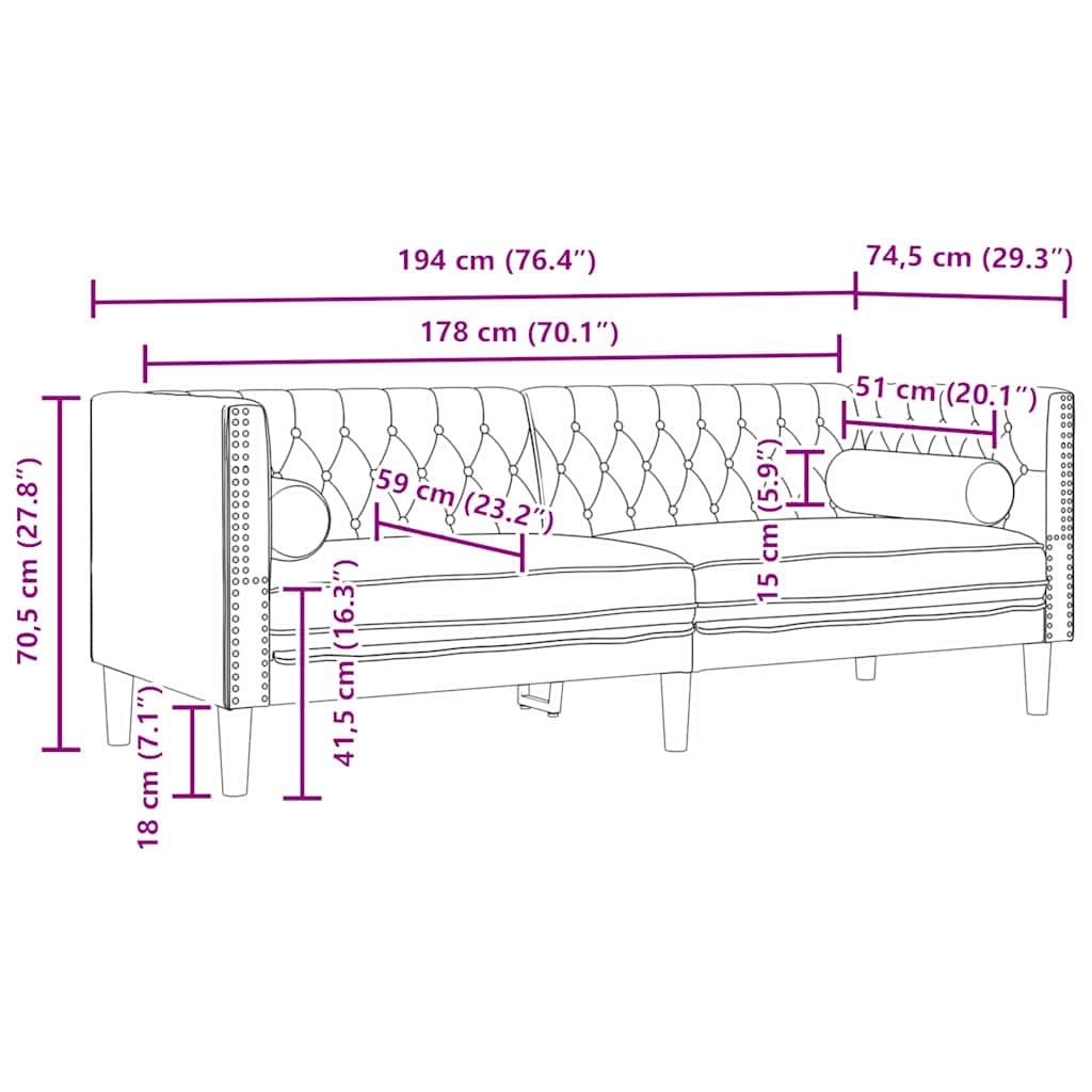 Sofa Dunkelgrau 194 x 74,5 x 70,5 cm Samt