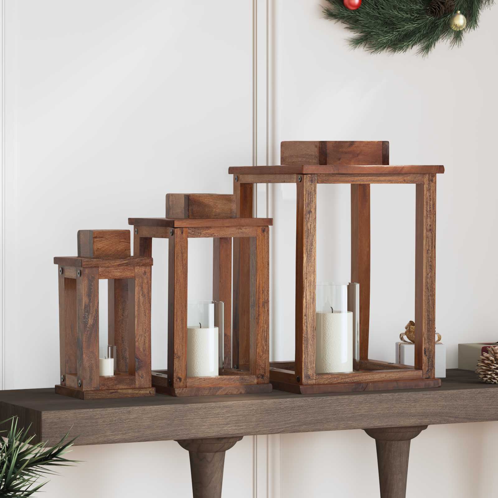 Laterne 3 pcs Natur Mahagoni Holz
