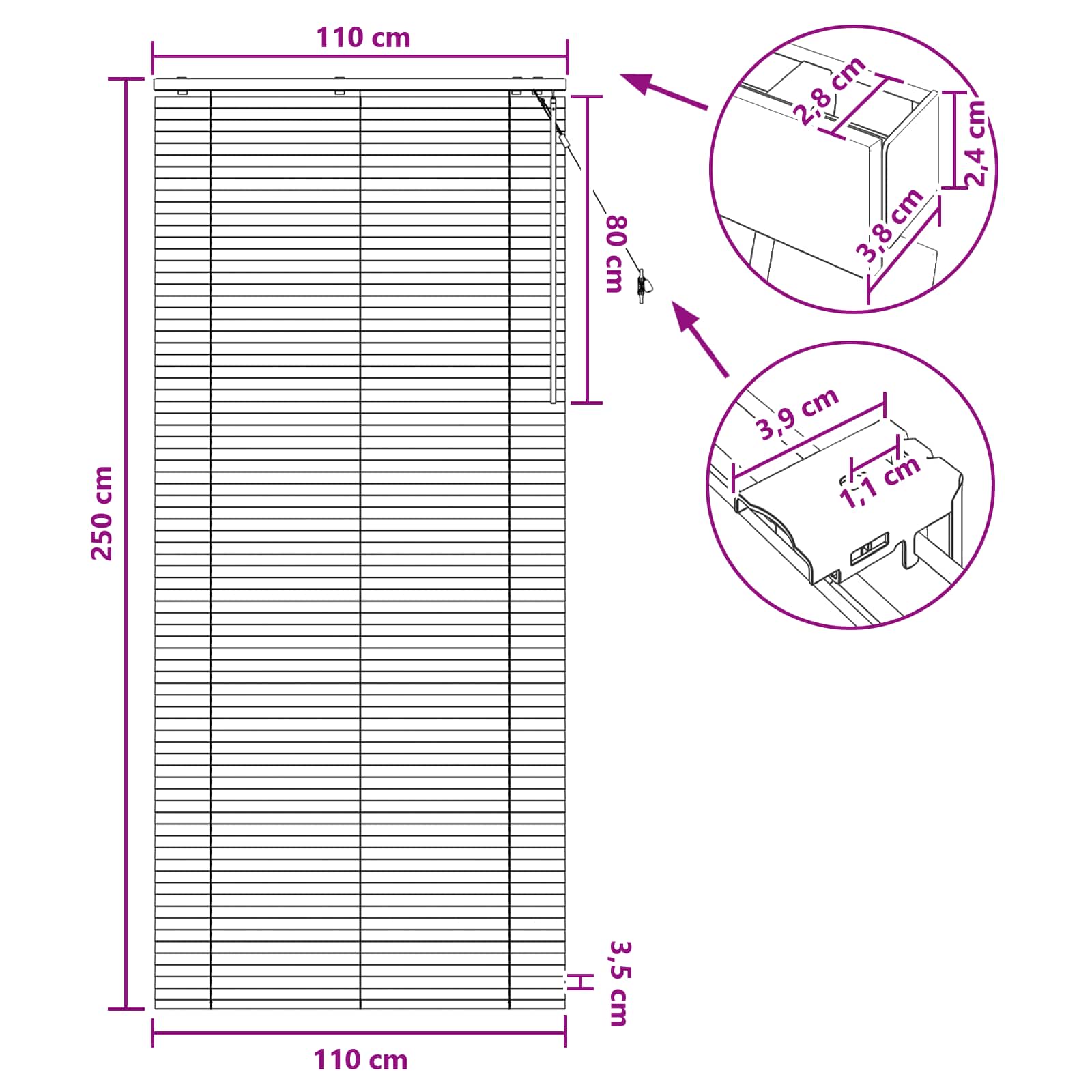 Jalousie Eichenoptik 110 x 250 cm 35 mm Massives Paulownia-Holz