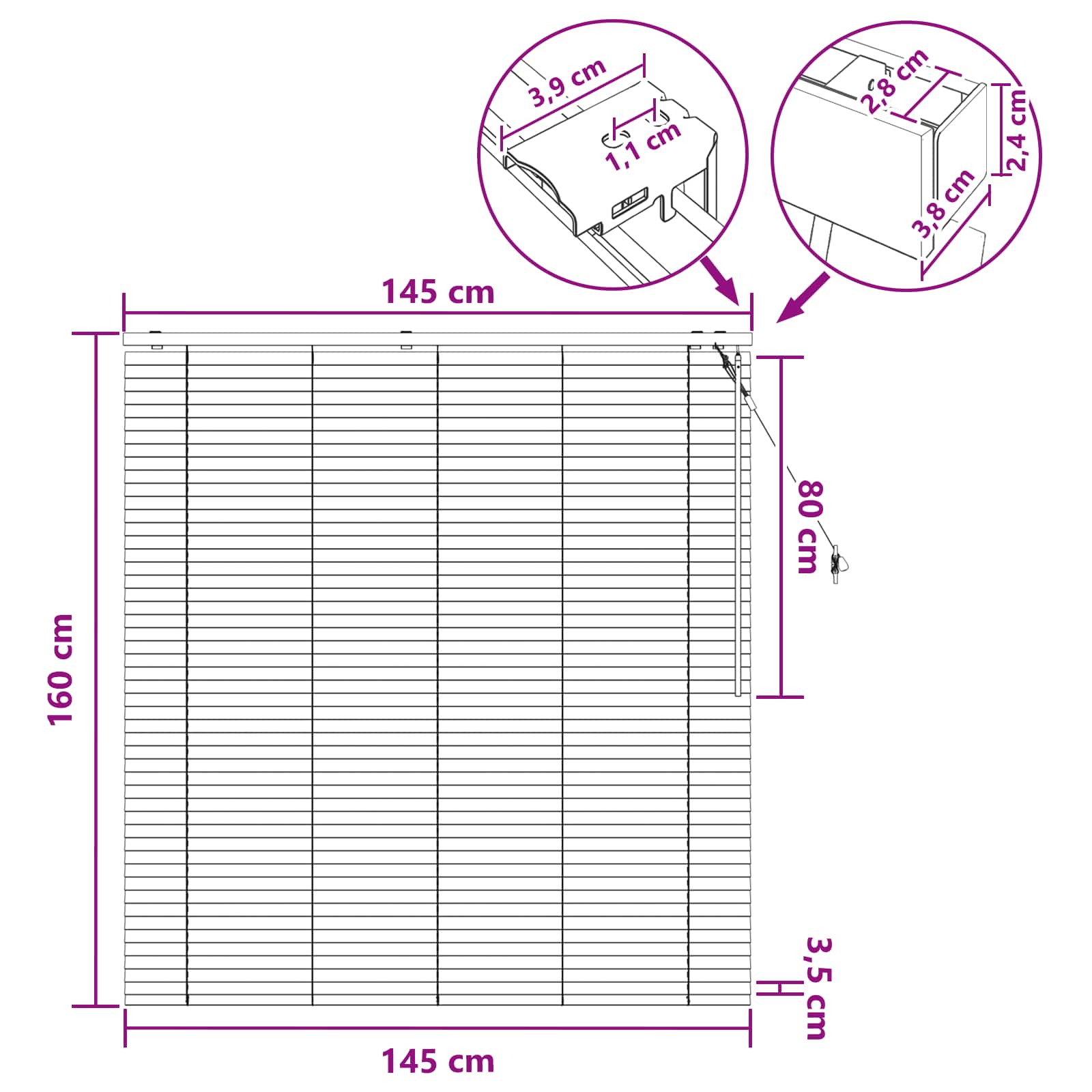 Jalousie Weiß 145 x 160 cm 35 mm Massives Paulownia-Holz
