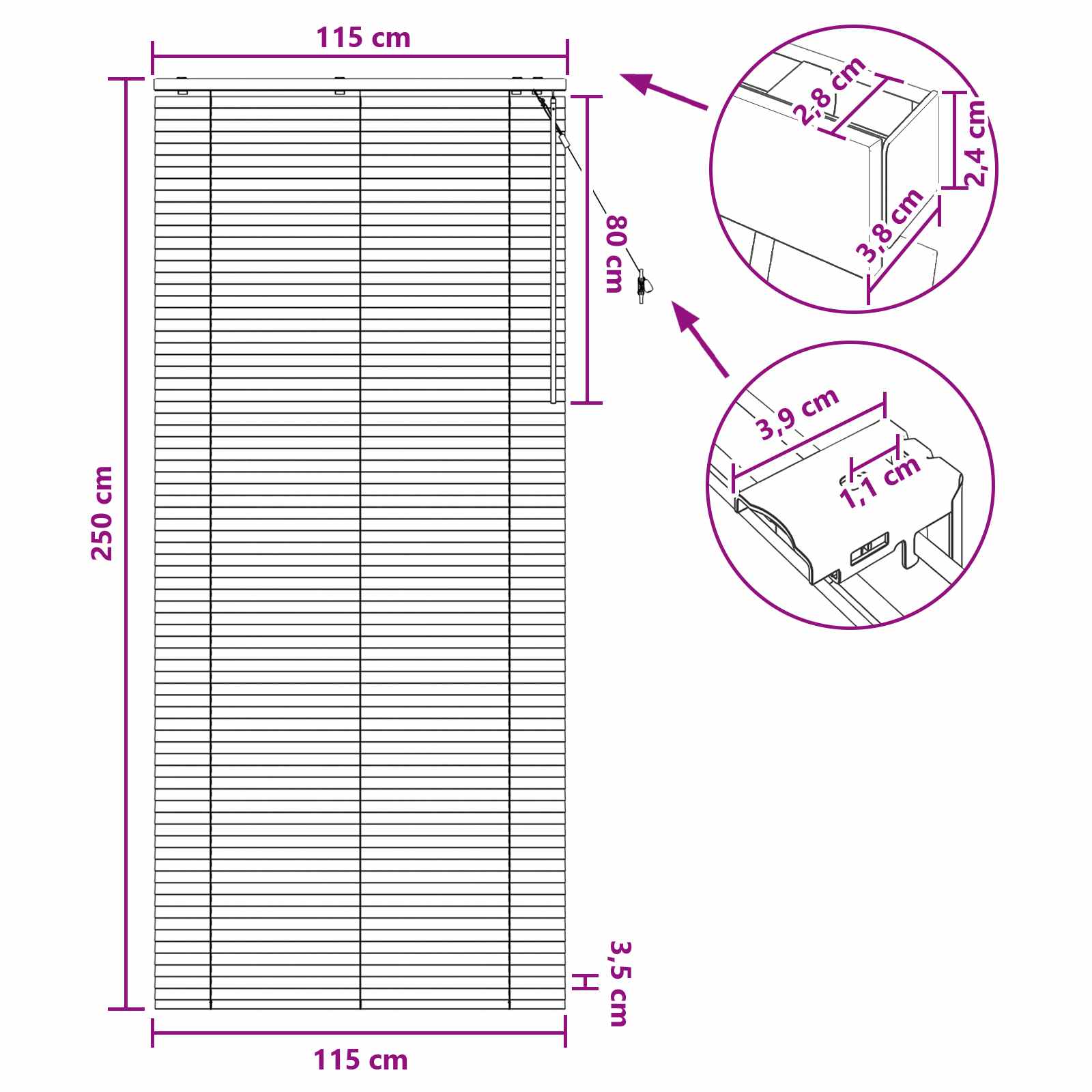 Jalousie Weiß 115 x 250 cm 35 mm Massives Paulownia-Holz