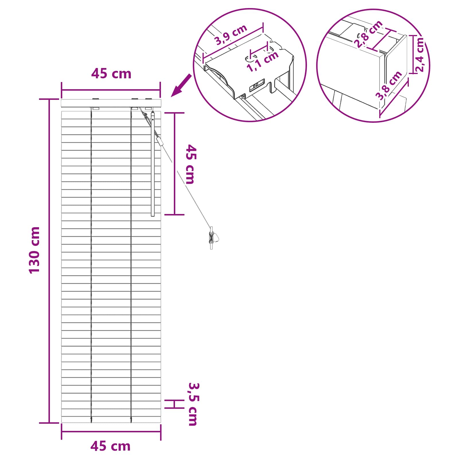 Jalousie Schwarz 45 x 130 cm 35 mm Massives Paulownia-Holz