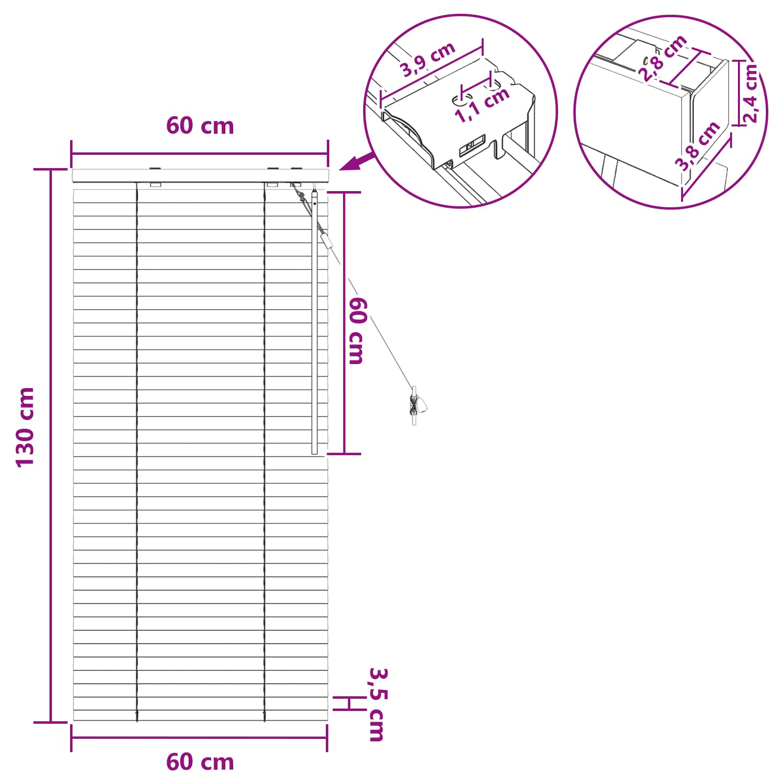 Jalousie Schwarz 60 x 130 cm 35 mm Massives Paulownia-Holz