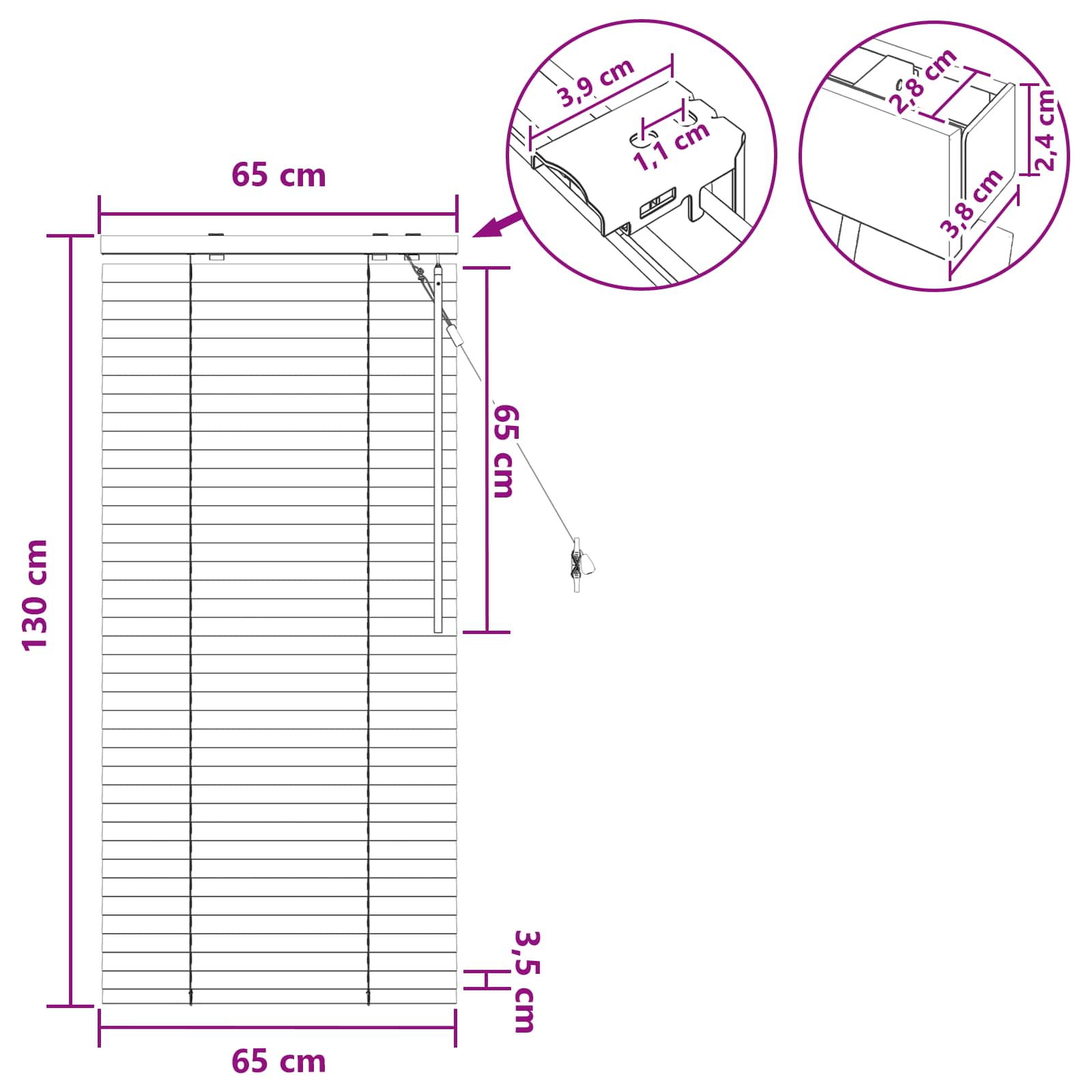 Jalousie Schwarz 65 x 130 cm 35 mm Massives Paulownia-Holz