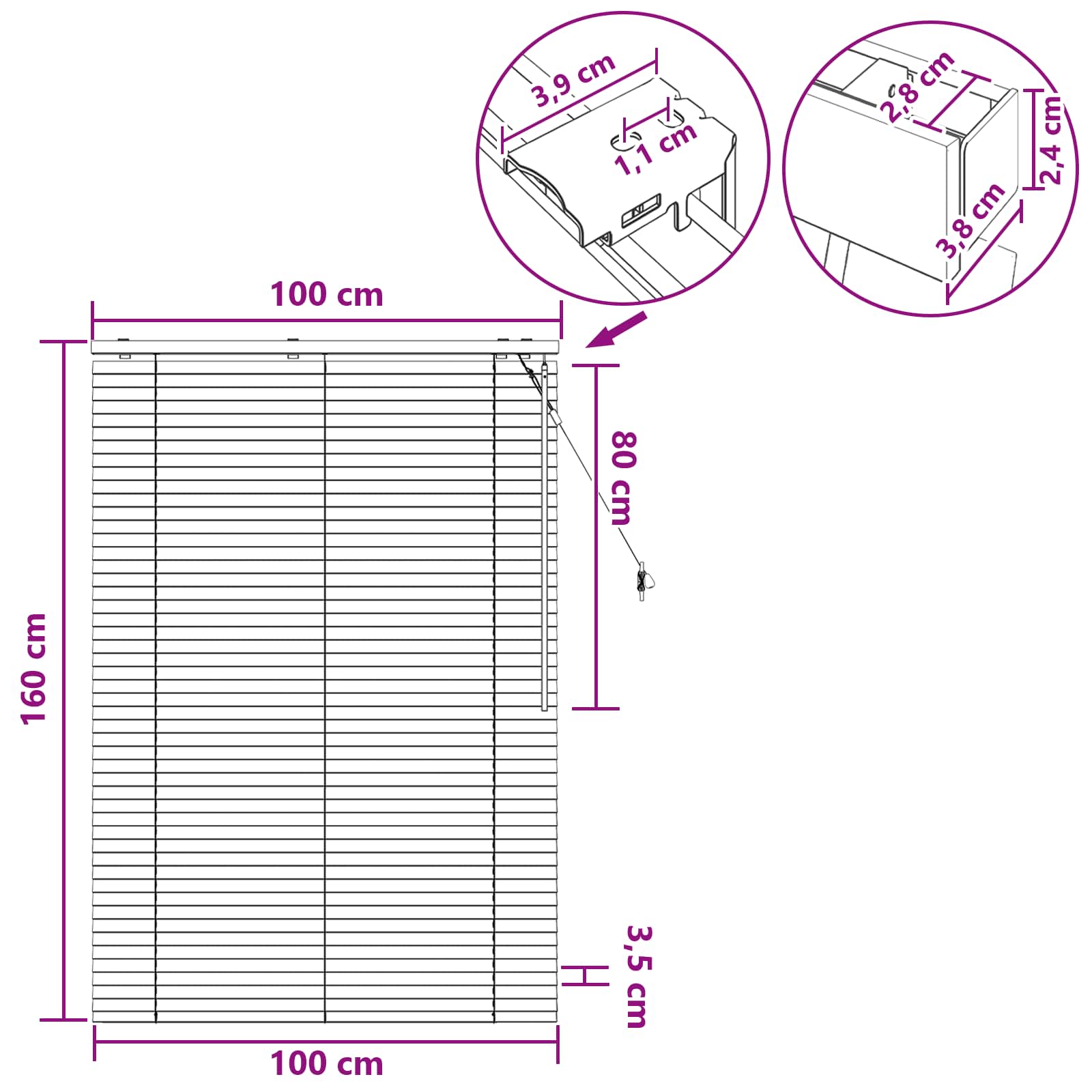 Jalousie Schwarz 100 x 160 cm 35 mm Massives Paulownia-Holz