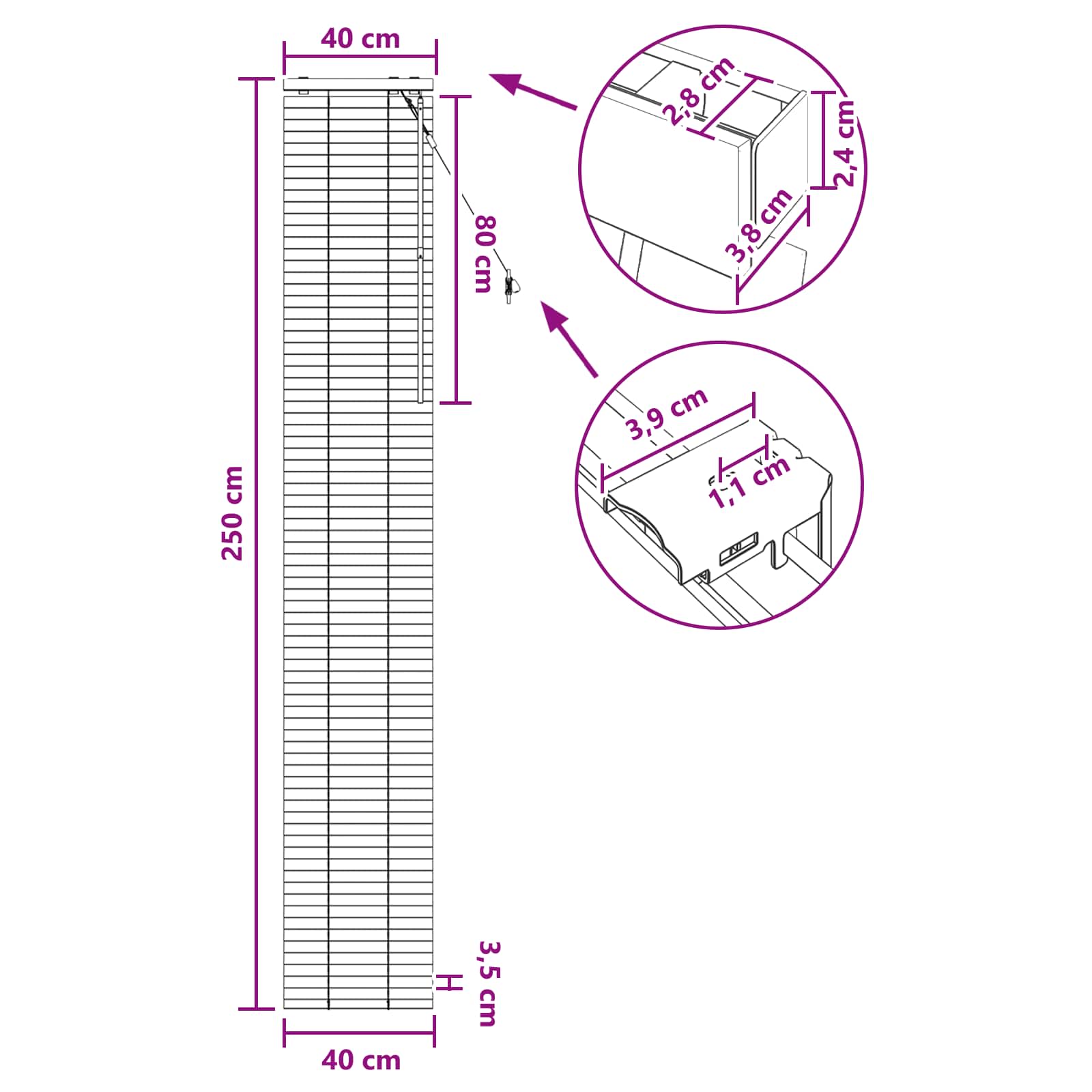 Jalousie Schwarz 40 x 250 cm 35 mm Massives Paulownia-Holz