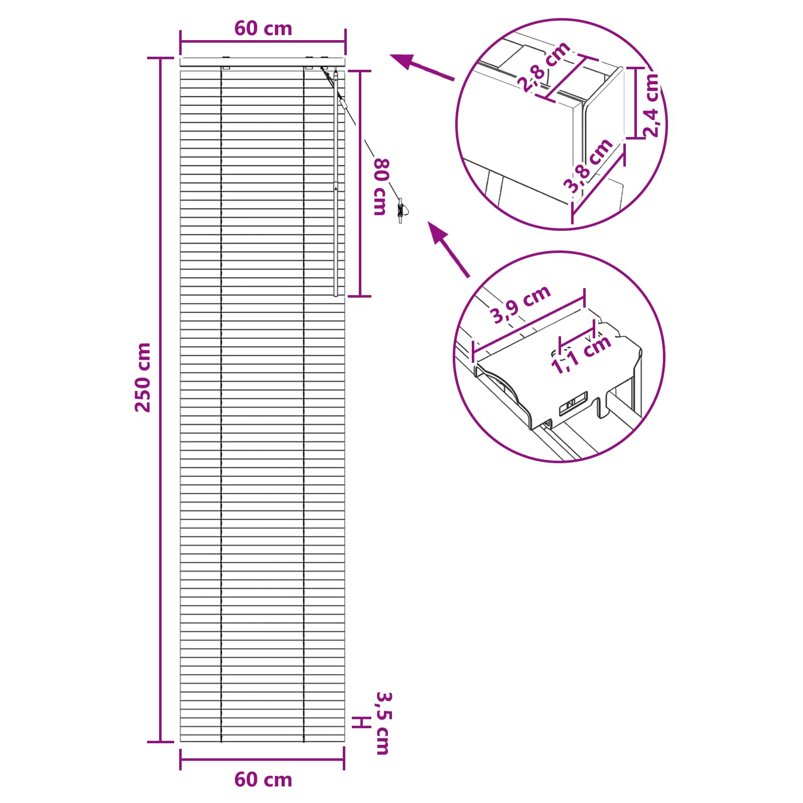 Jalousie Schwarz 60 x 250 cm 35 mm Massives Paulownia-Holz
