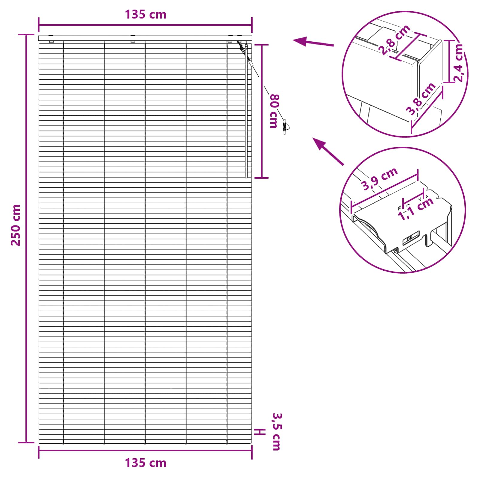 Jalousie Schwarz 135 x 250 cm 35 mm Massives Paulownia-Holz