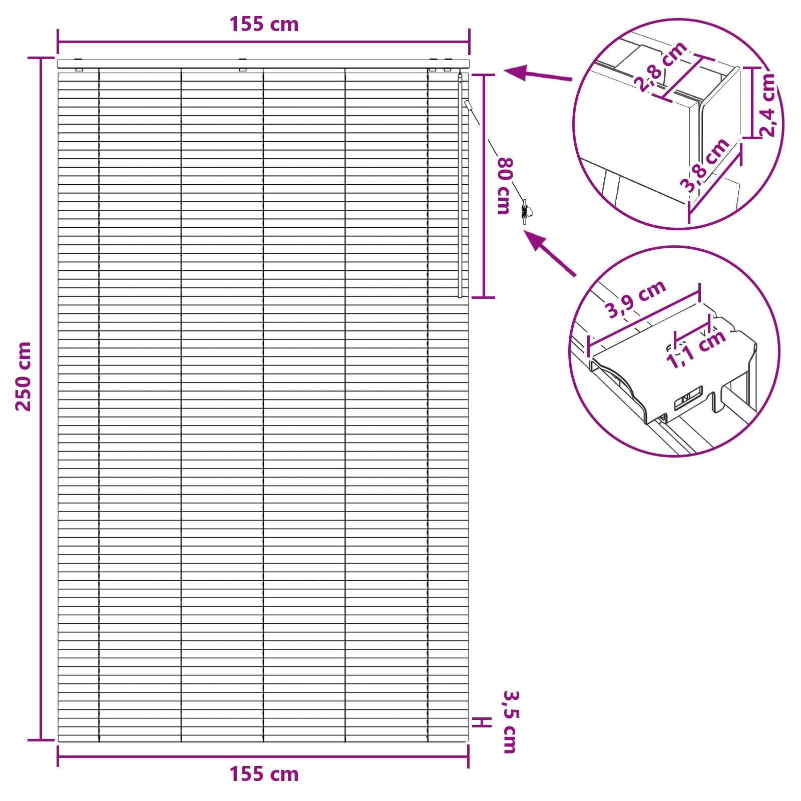 Jalousie Schwarz 155 x 250 cm 35 mm Massives Paulownia-Holz