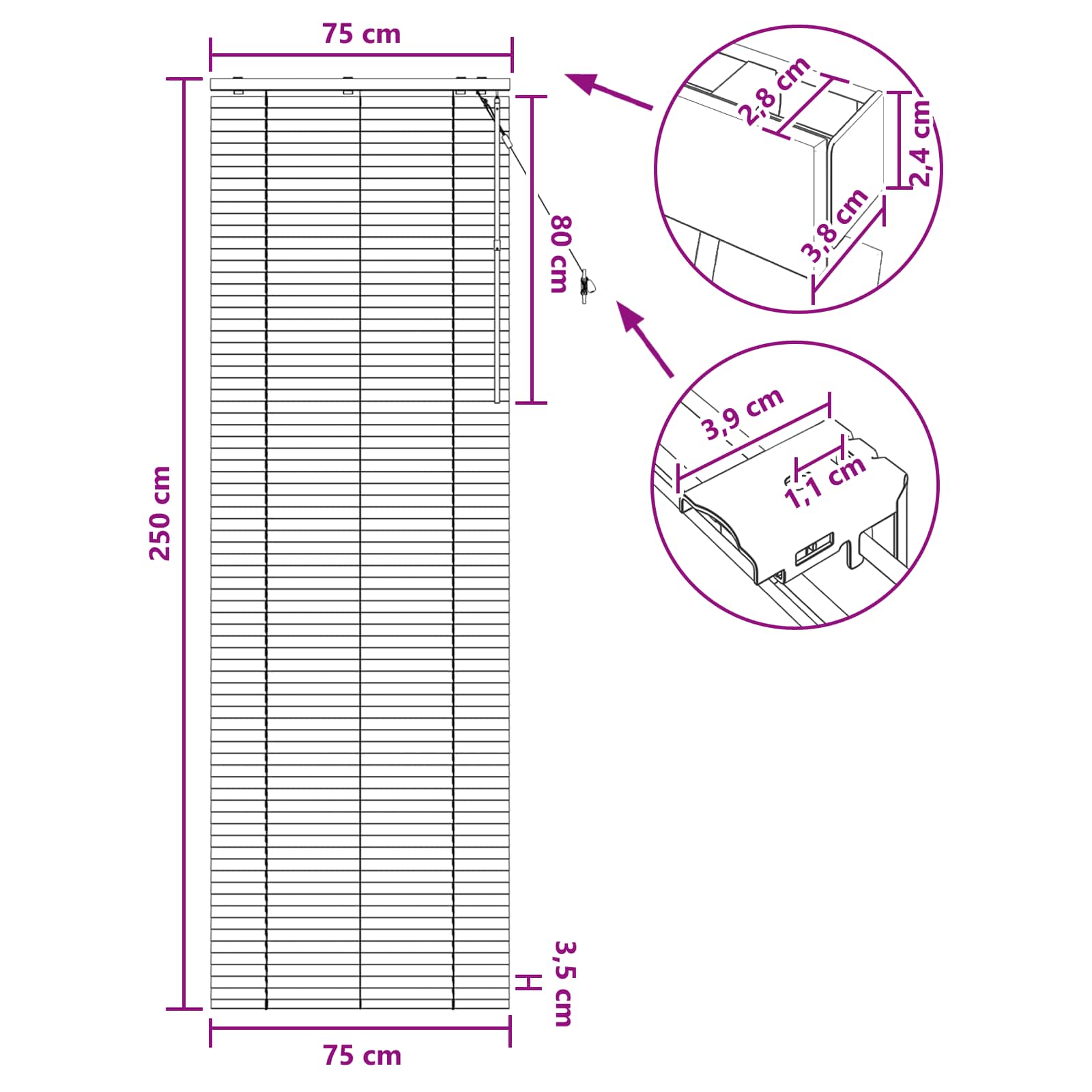 Jalousie Dunkelbraun 75 x 250 cm 35 mm Massives Paulownia-Holz
