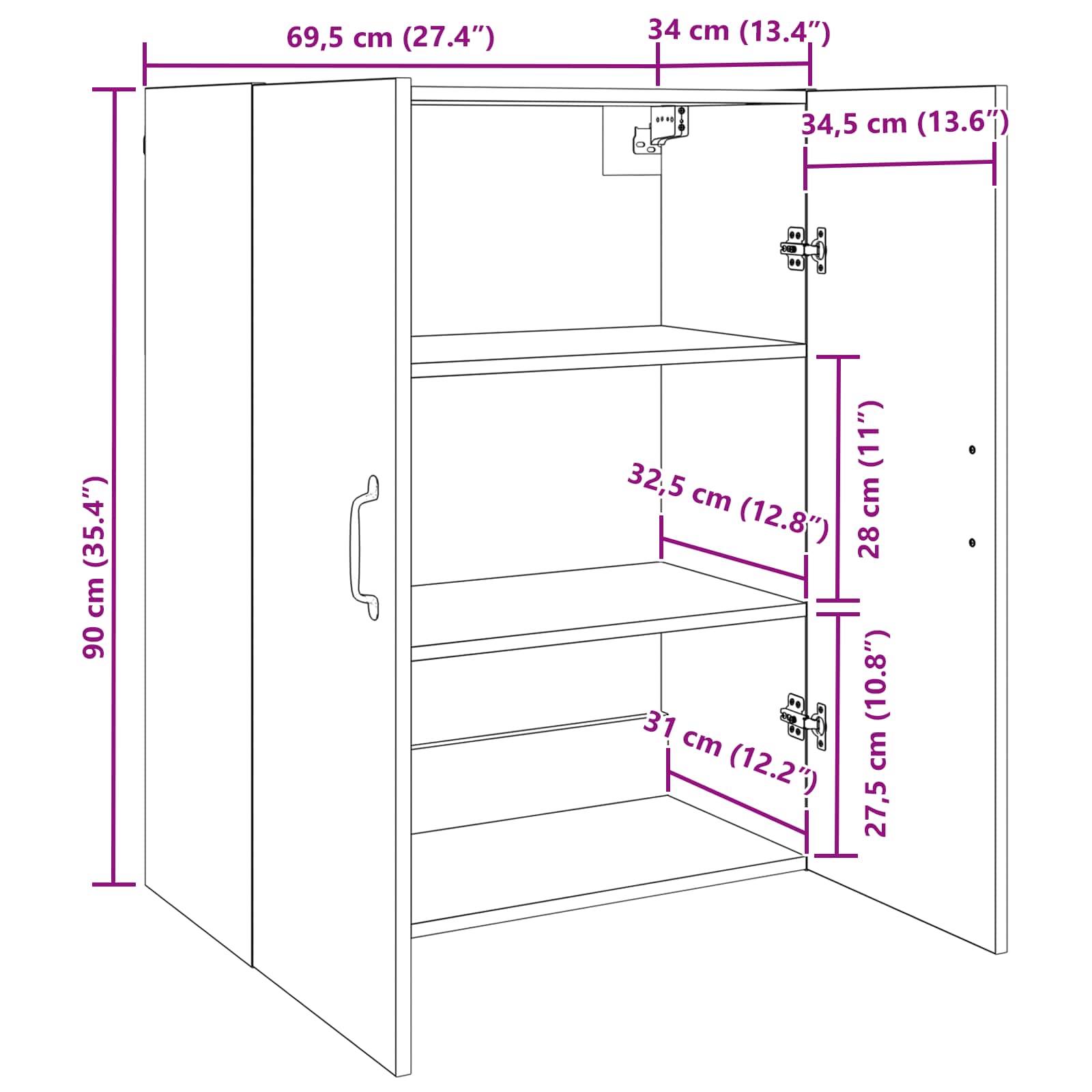 Wandschrank Wandmontiert Schwarz Eichen-Optik 69,5 x 34 x 90 cm