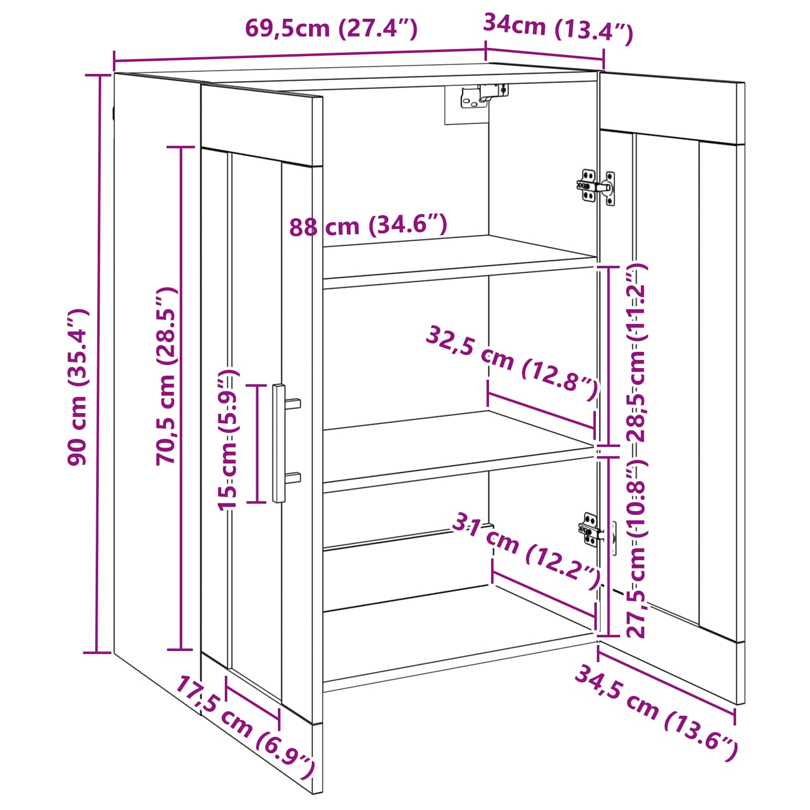 Wandschrank Wandmontiert Schwarz Eichen-Optik 69.5 x 34 x 90 cm