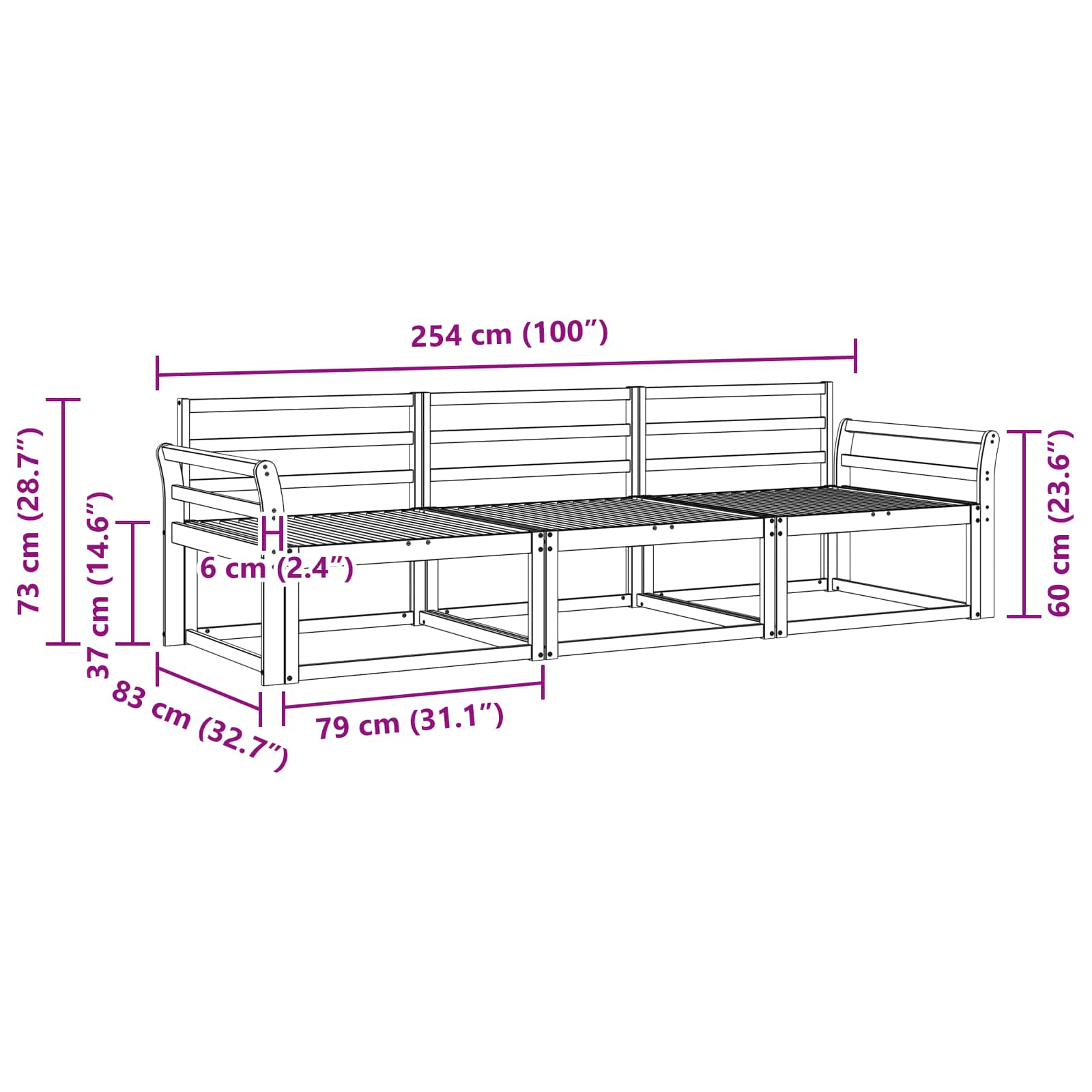 Outdoor-Sofagarnitur 3 pcs Weiß 254 x 83 x 73 cm
