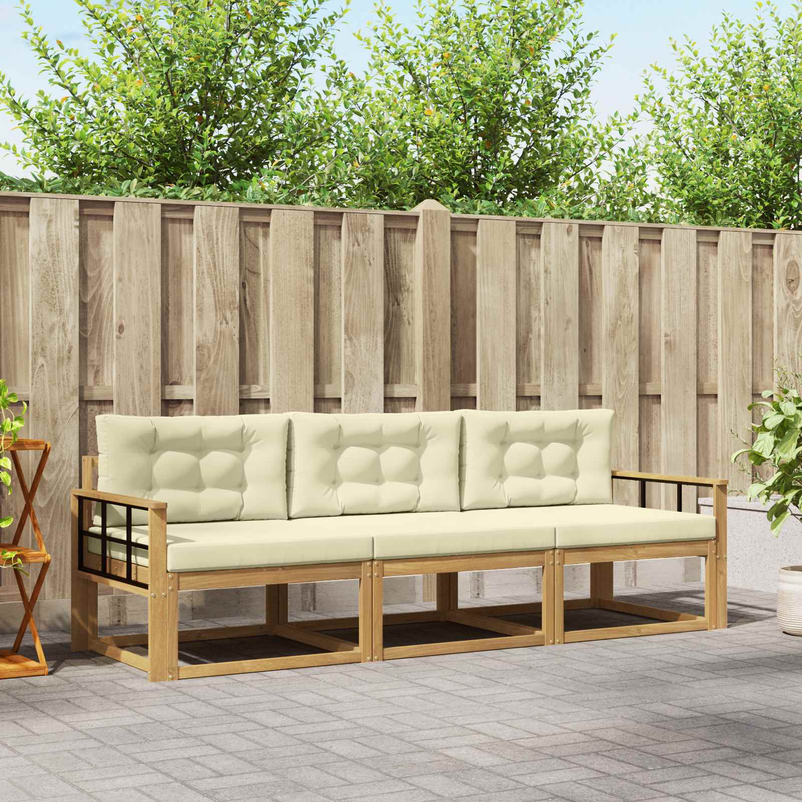 Outdoor-Sofagarnitur mit Kissen 3 pcs Weiß und Creme Polyester