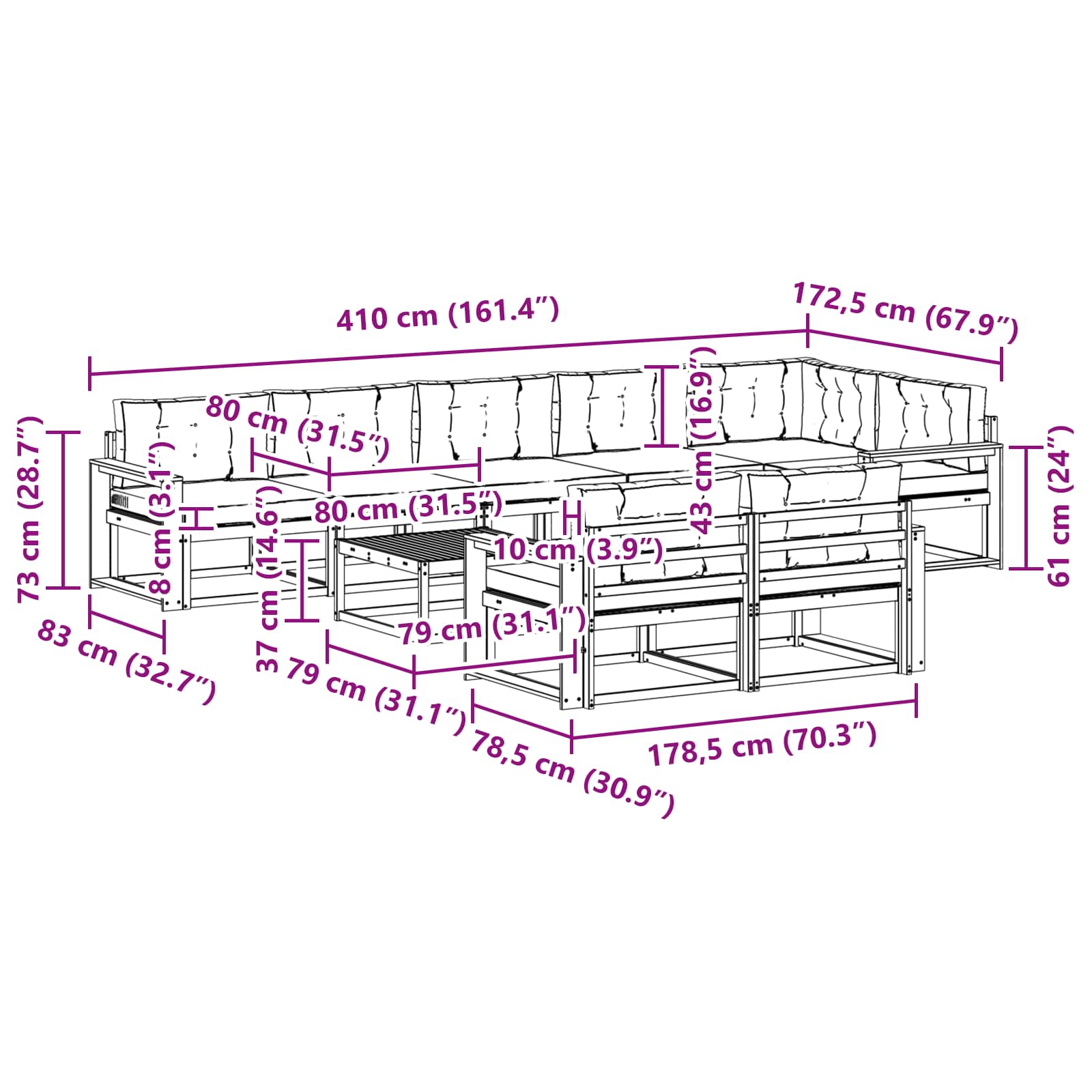 Outdoor-Sofagarnitur 9 pcs Weiß und Hellgrau 79 x 79 x 37 cm