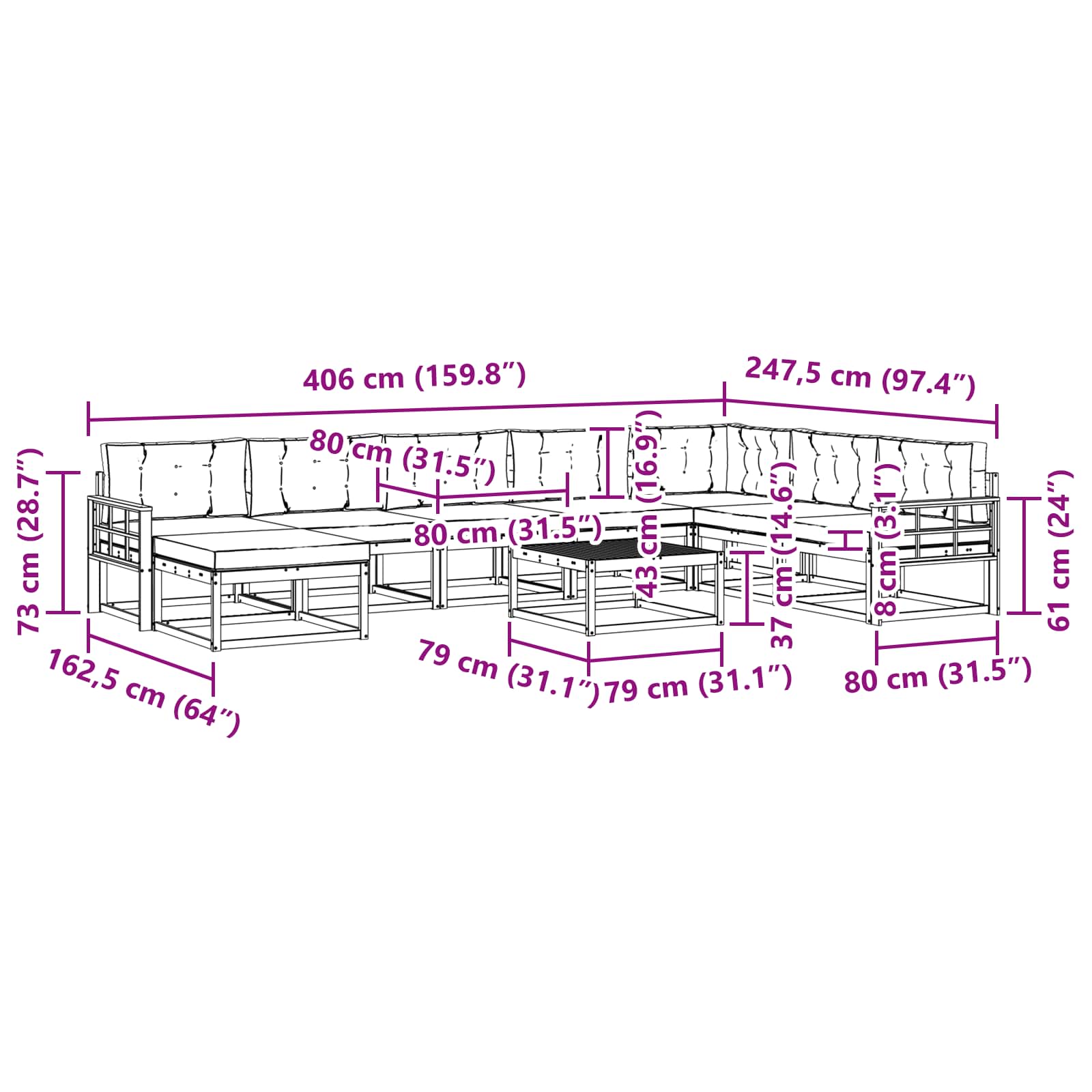 Outdoor-Sofagarnitur 9 pcs Weiß und Hellgrau