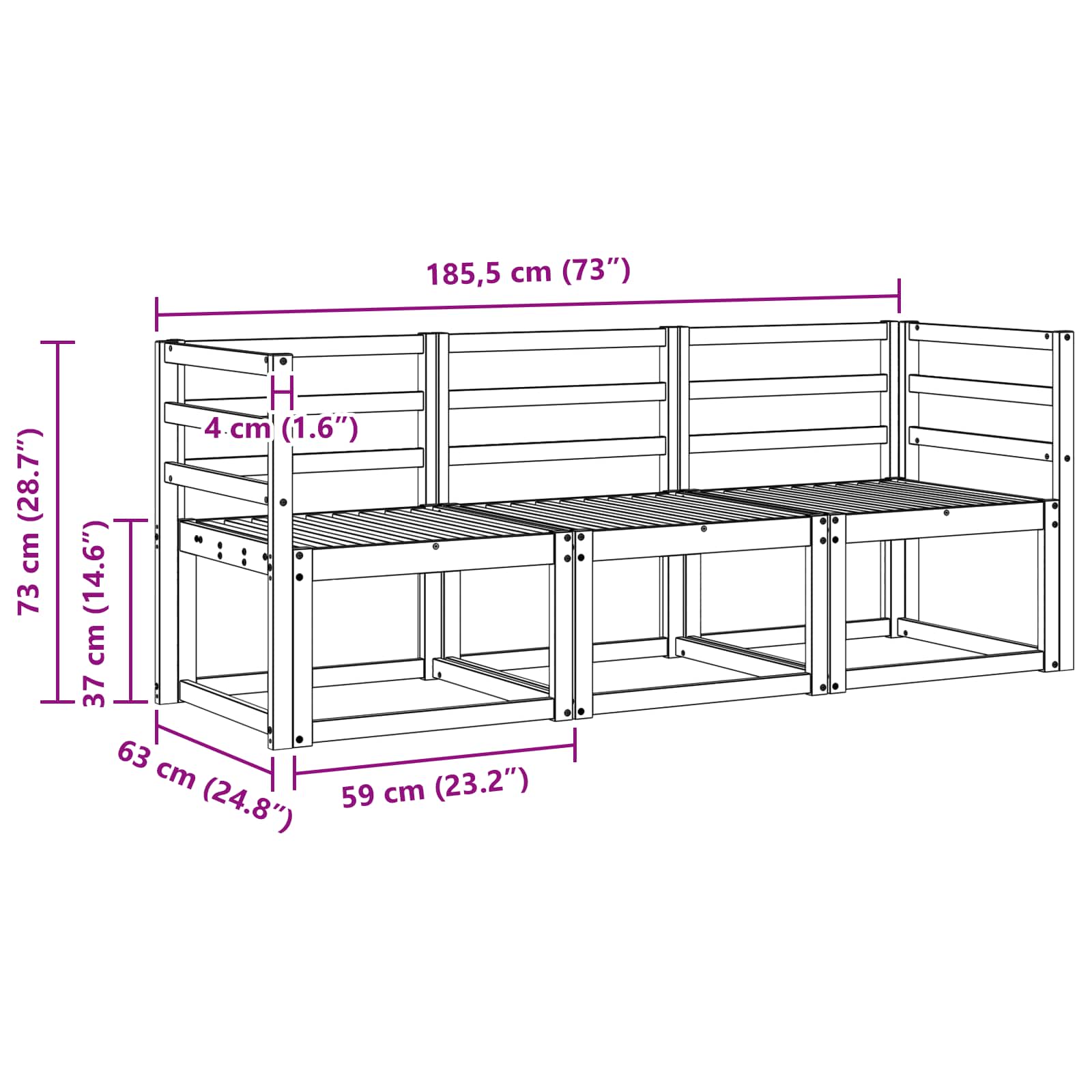 Outdoor-Sofagarnitur 3 pcs Weiß 185,5 x 63 x 73 cm