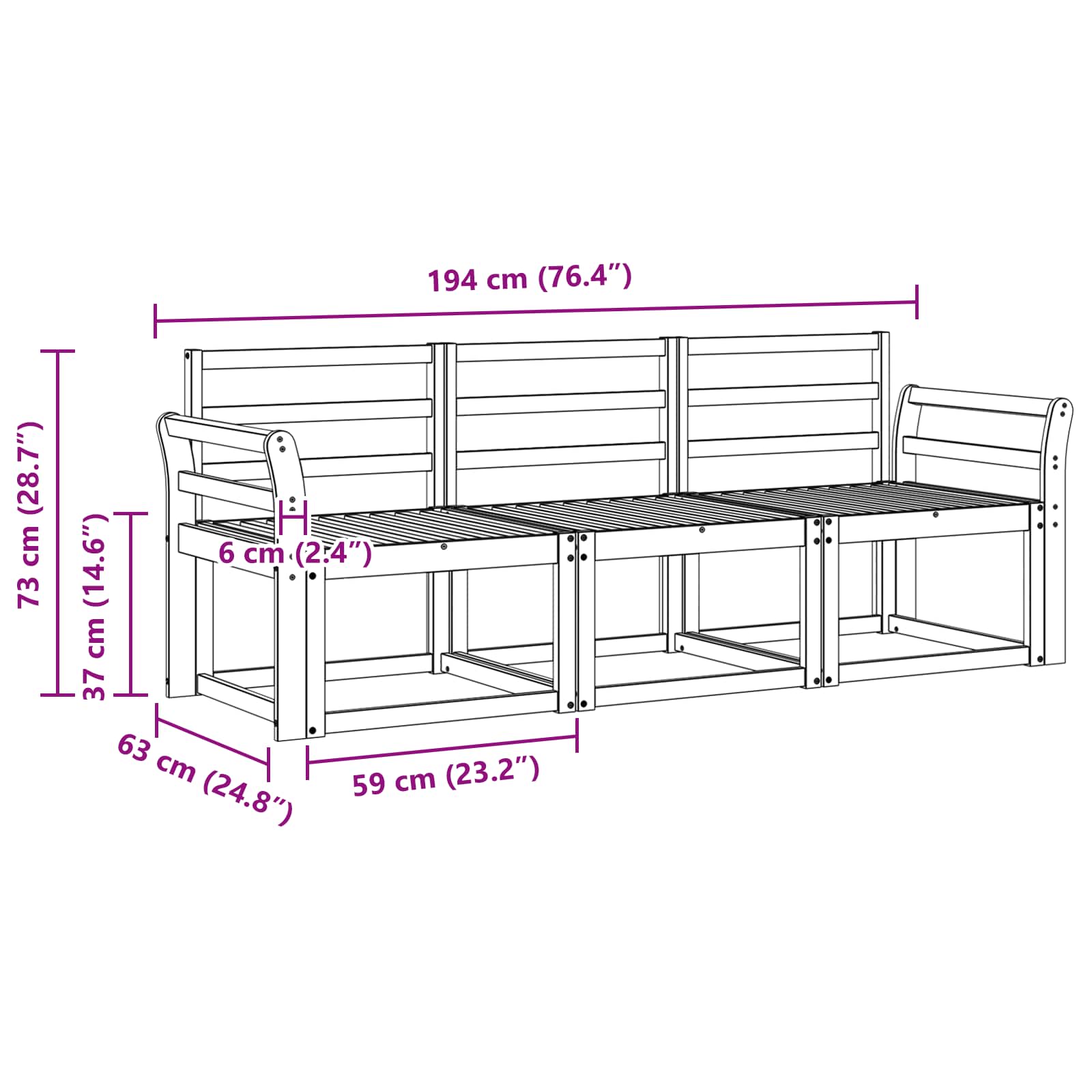 Outdoor-Sofagarnitur 3 pcs Weiß 194 x 63 x 73 cm