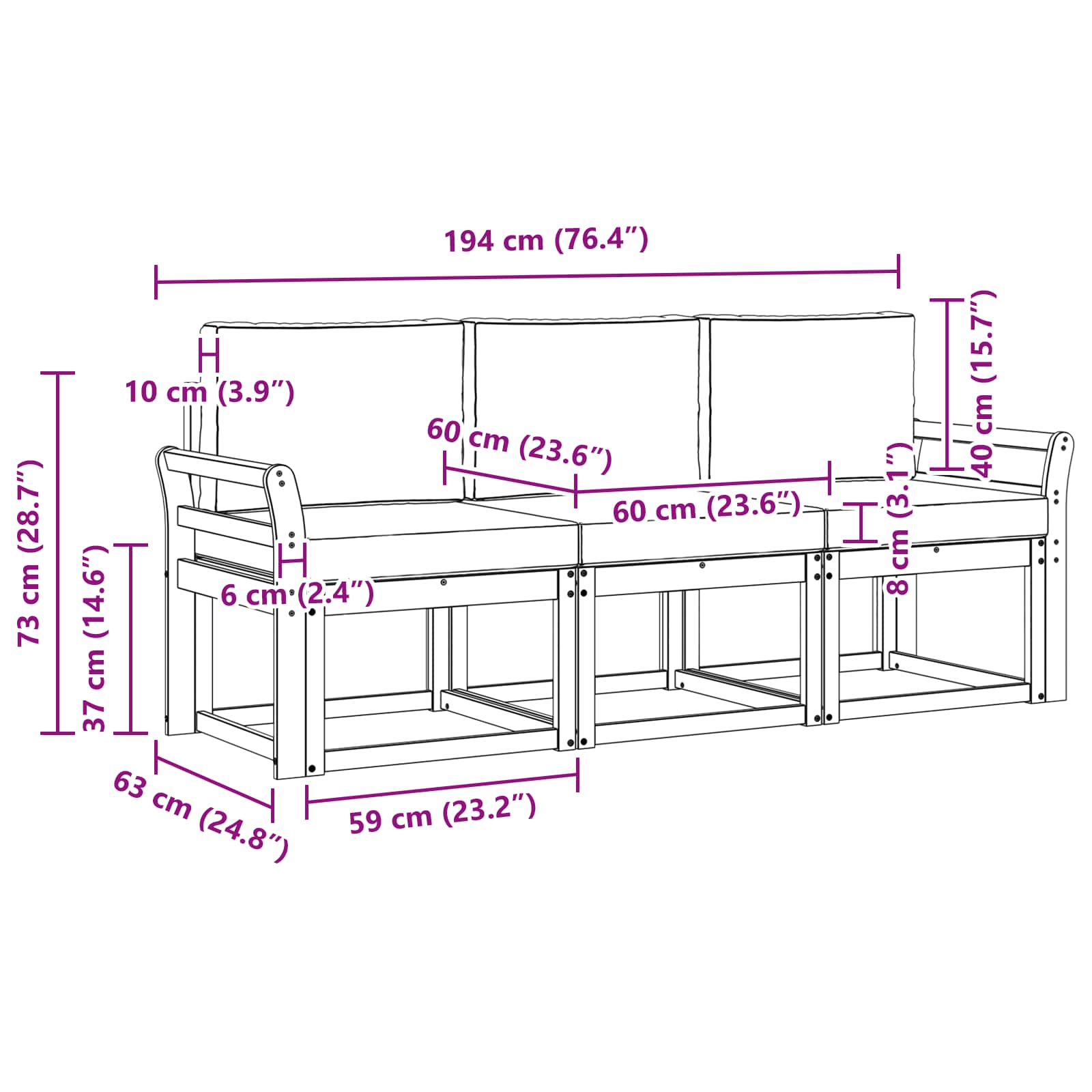 Outdoor-Sofagarnitur 3 pcs Weiß und Hellgrau 194 x 63 x 73 cm