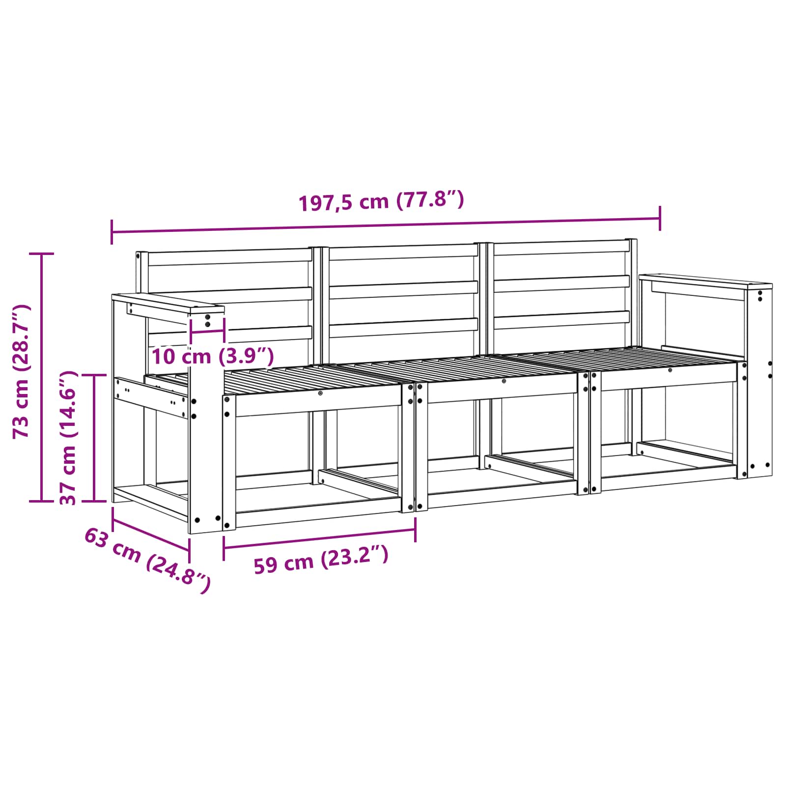 Outdoor-Sofagarnitur 3 pcs Weiß 197,5 x 63 x 73 cm
