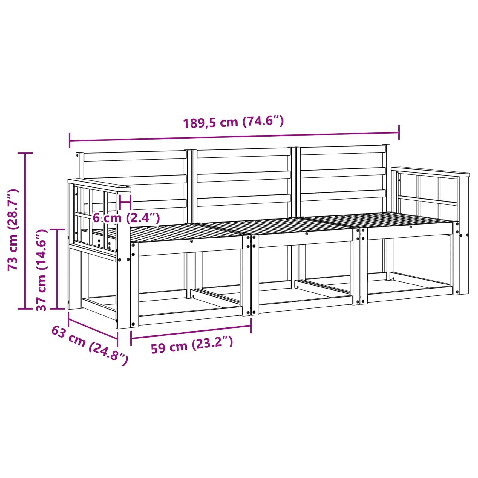 Outdoor-Sofagarnitur 3 pcs Weiß 189,5 x 63 x 73 cm