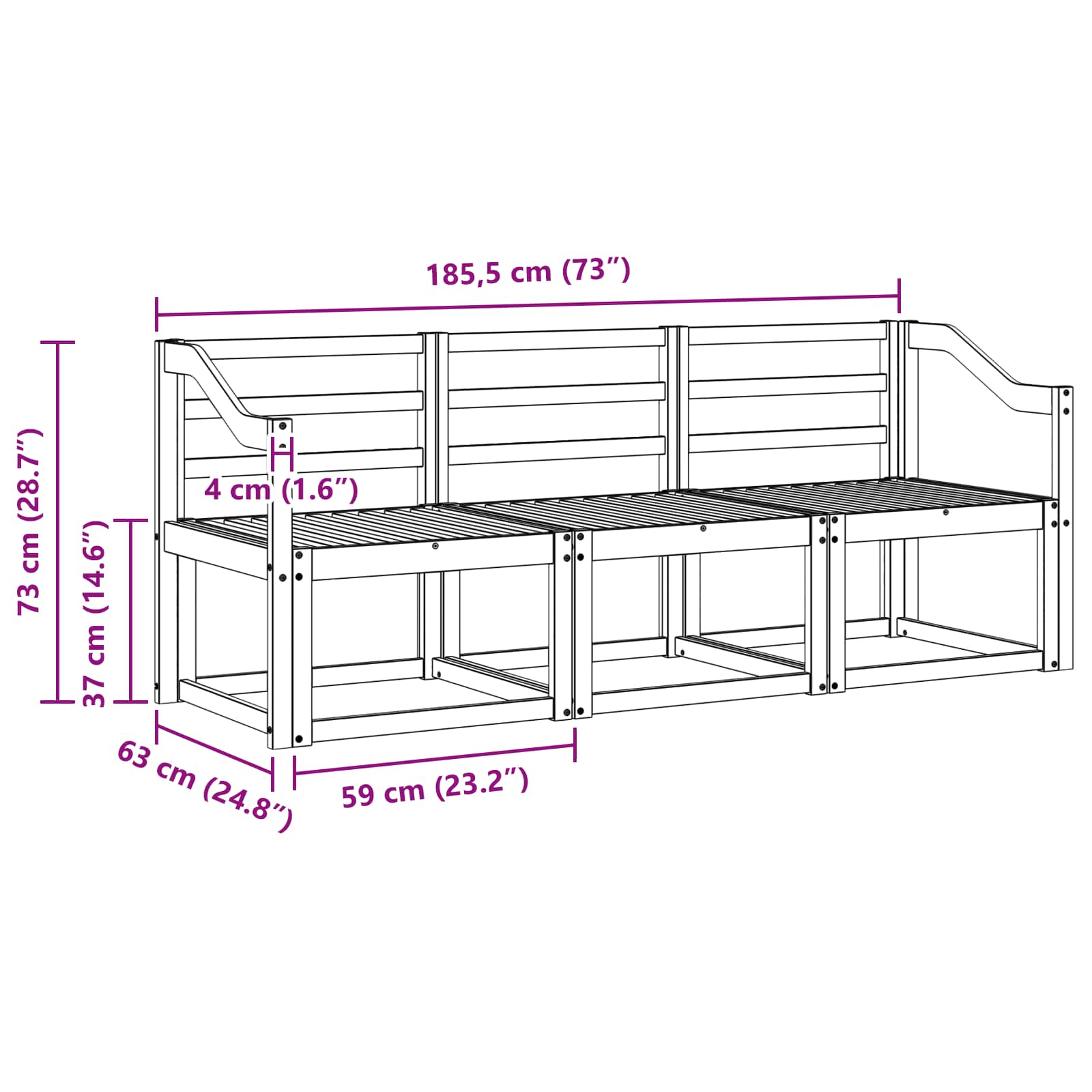 Outdoor-Sofagarnitur 3 pcs Weiß 185,5 x 63 x 73 cm