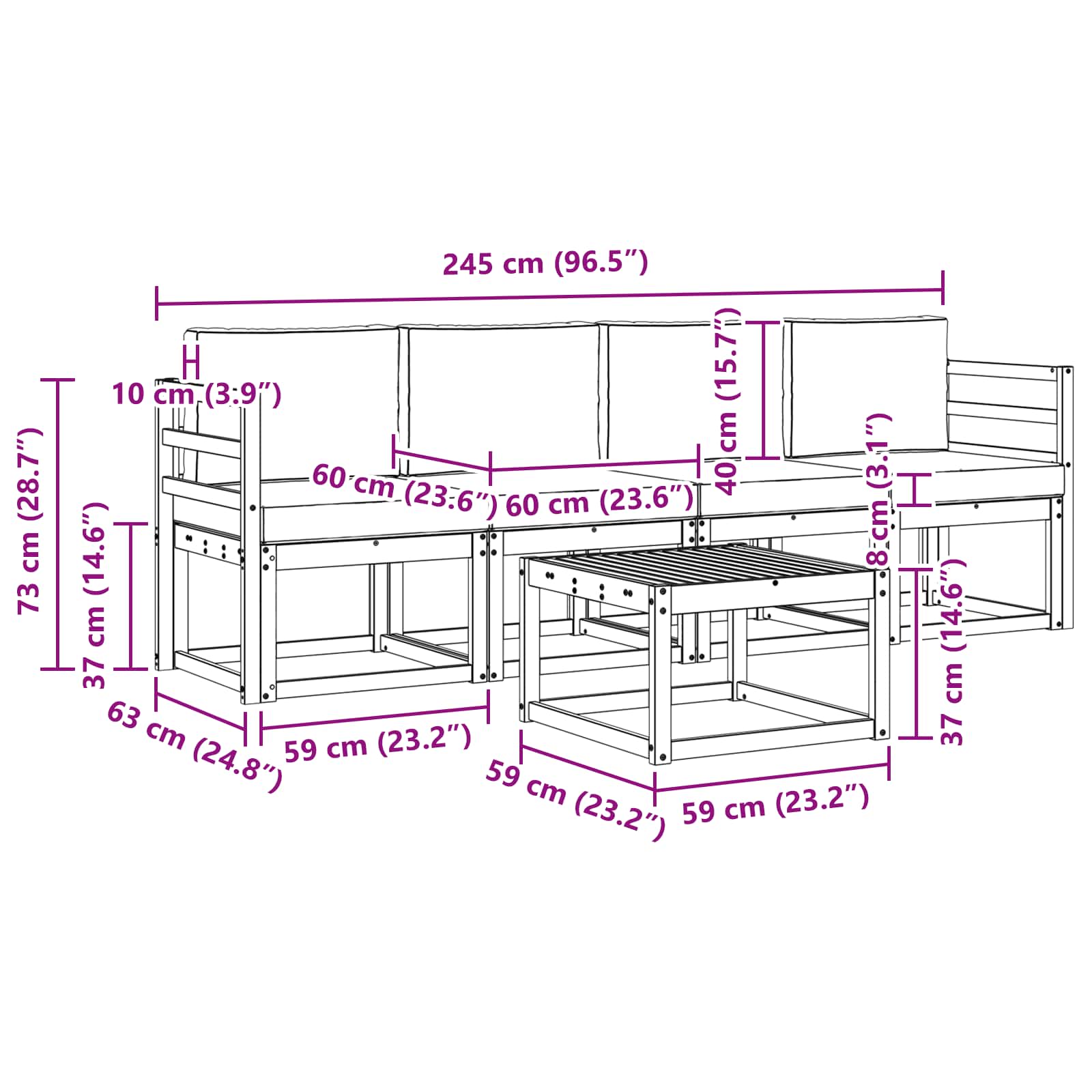 Outdoor-Sofagarnitur 5 pcs Weiß und Hellgrau 59 x 59 x 37 cm