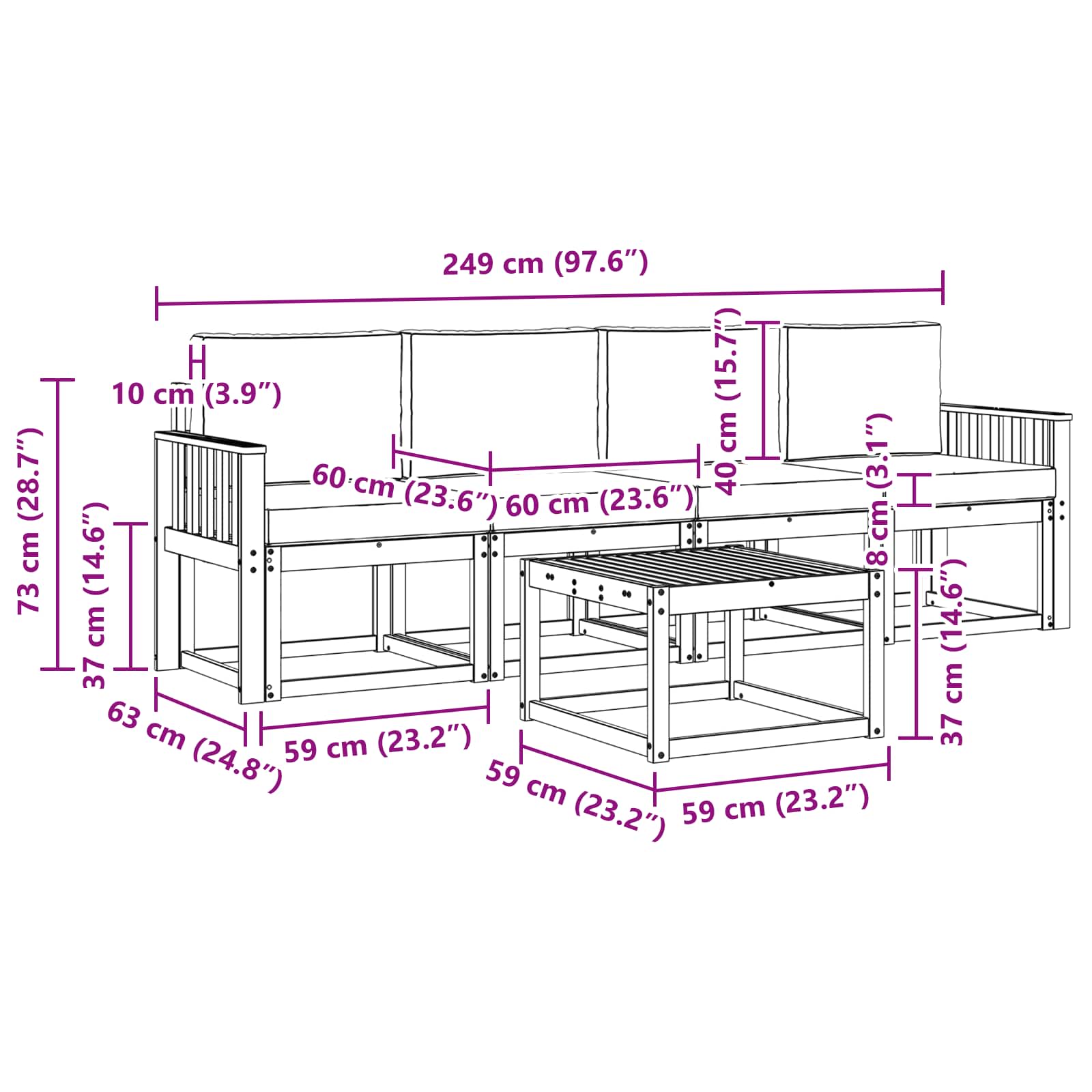Outdoor-Sofagarnitur 5 pcs Weiß und Hellgrau 59 x 59 x 37 cm